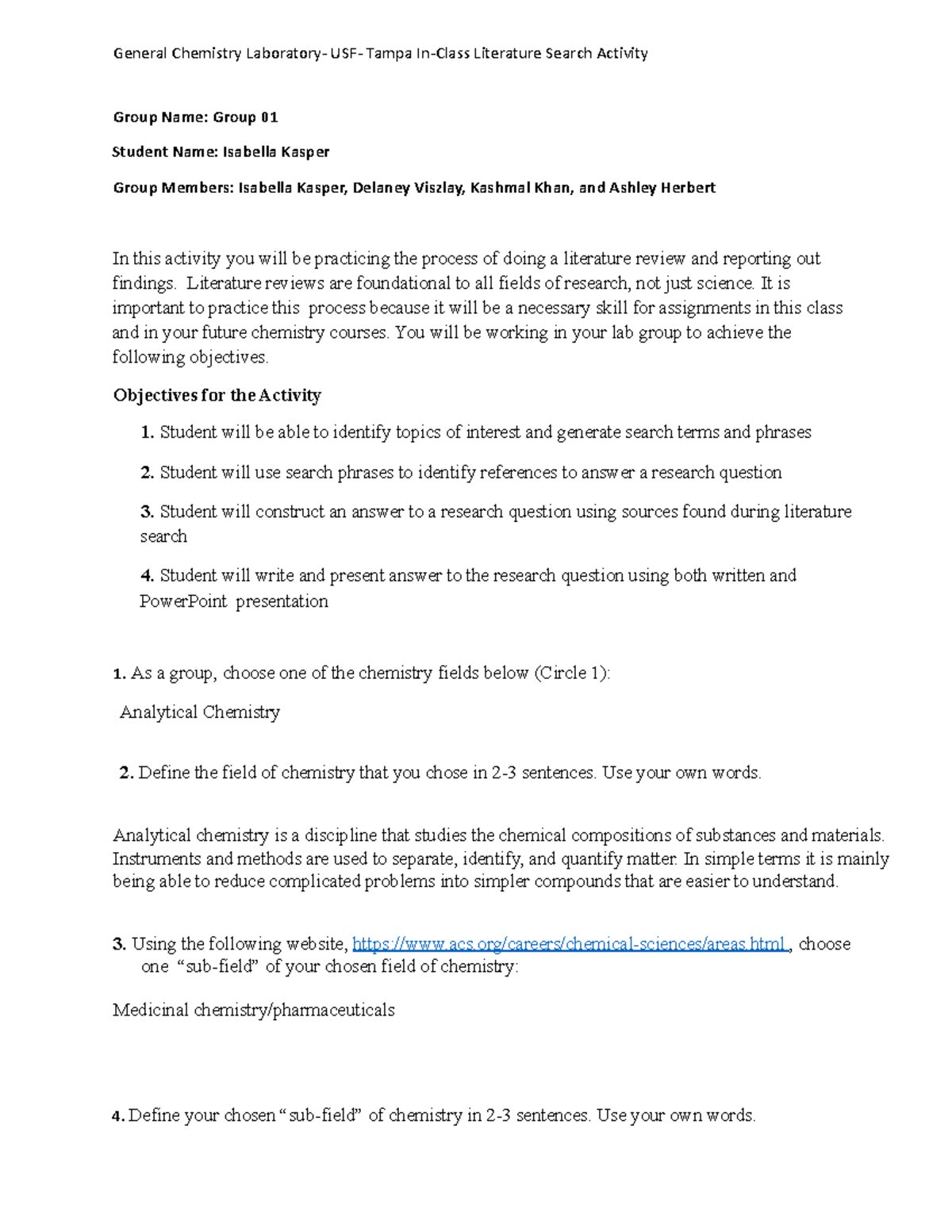 Gen Chem Lab Literature Search Activity IK - General Chemistry ...