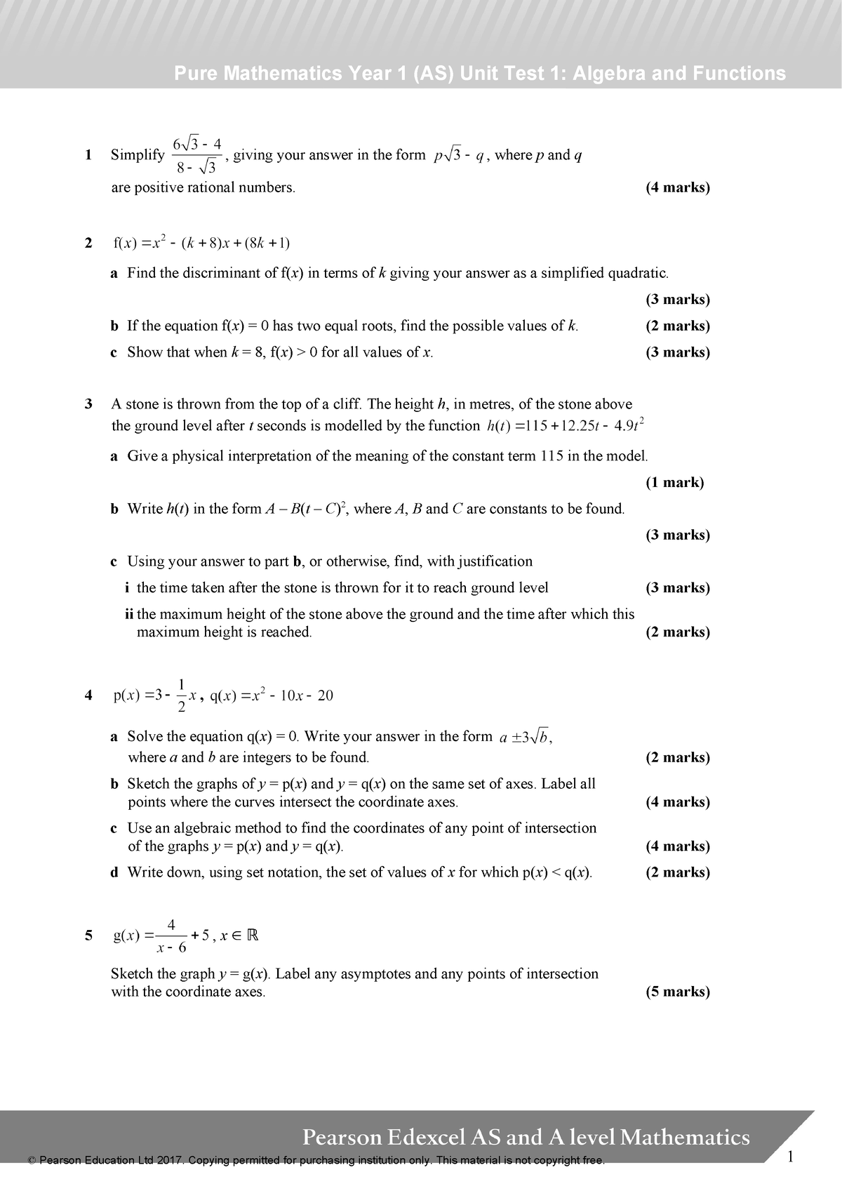 AS Maths Pure Unit 1 Test Algebra and Functions - Pure Mathematics Year ...