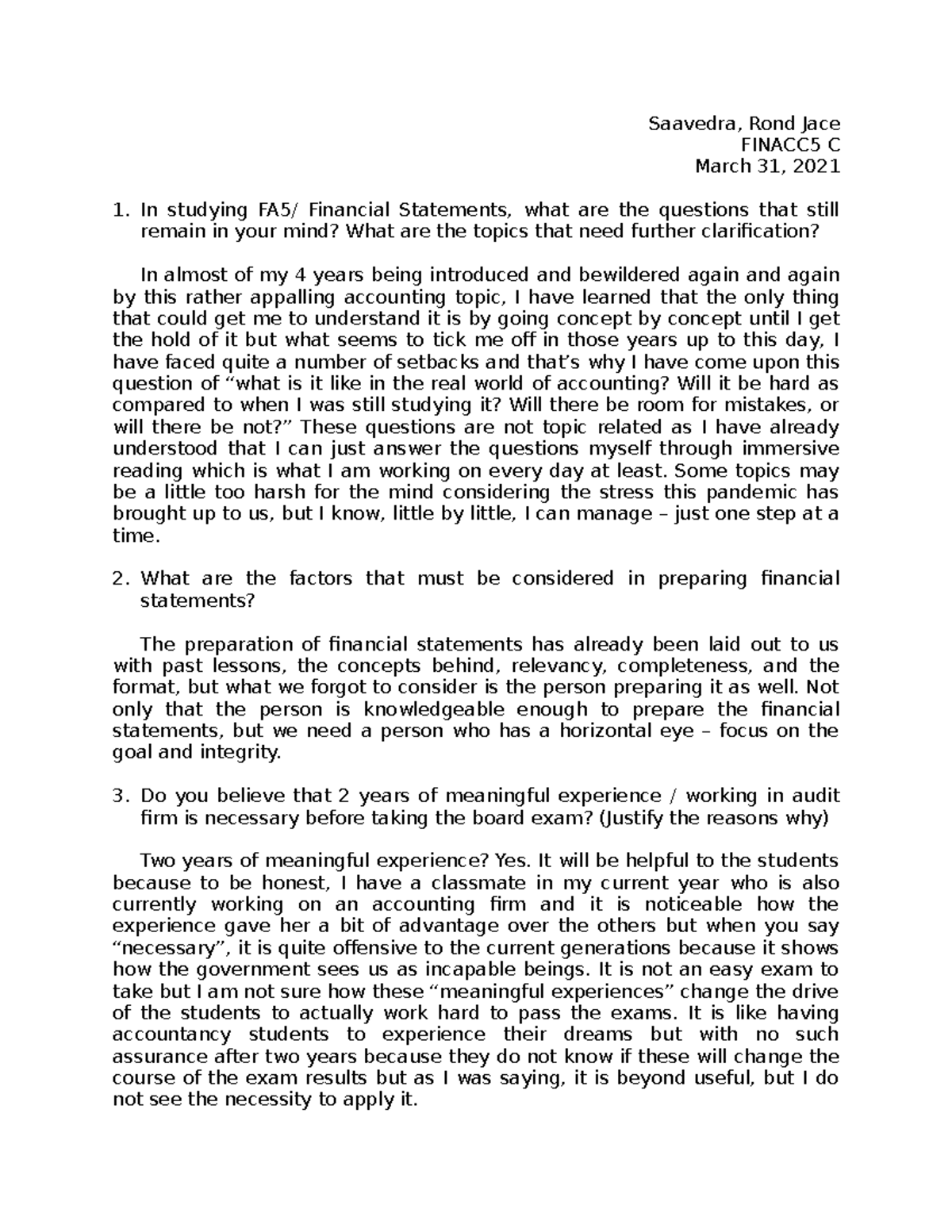 Finacc 5 Bonus Questions - computer science - Studocu