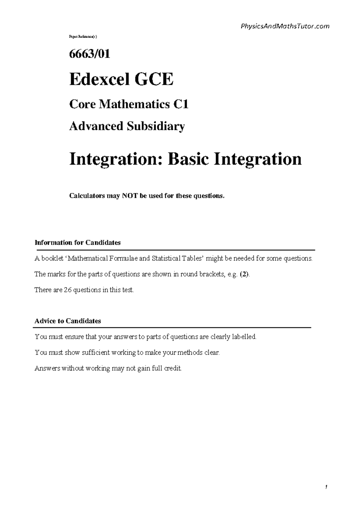 C1 Integration - Basic integration - 1 Paper Reference(s) 6663/ Edexcel ...
