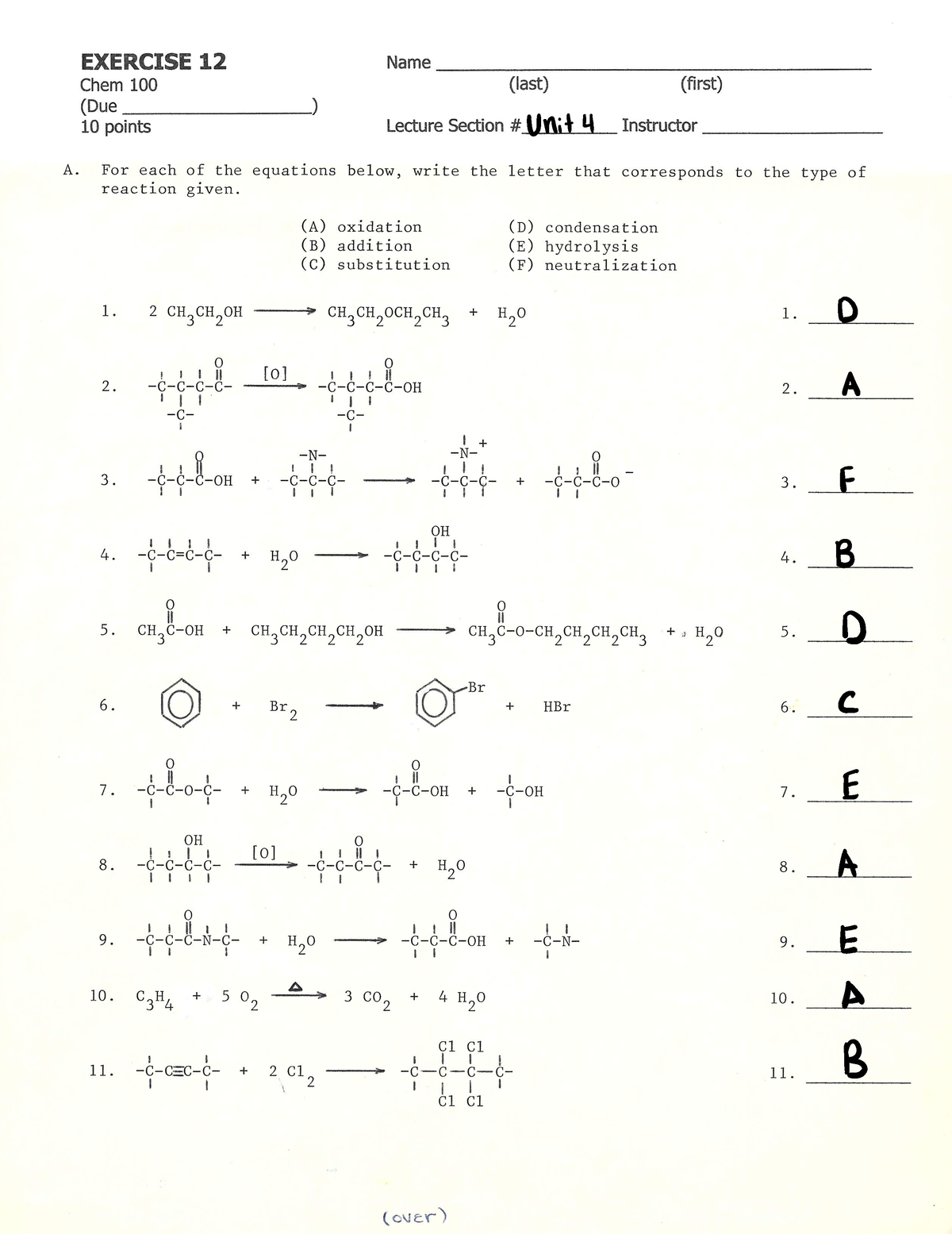 Exercise 12-B - CHEM 100 - Unit 4 D A F B D C E A E A B B F C E A C B ...