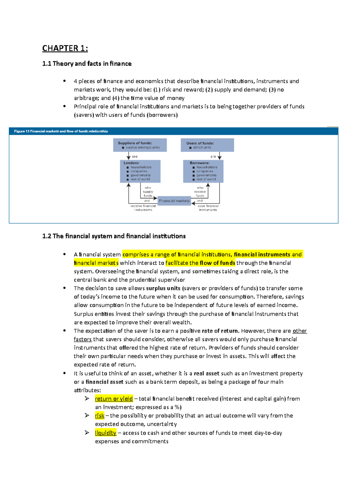 Chapter 1 Notes - CHAPTER 1: 1 and facts in finance 4 pieces of finance ...