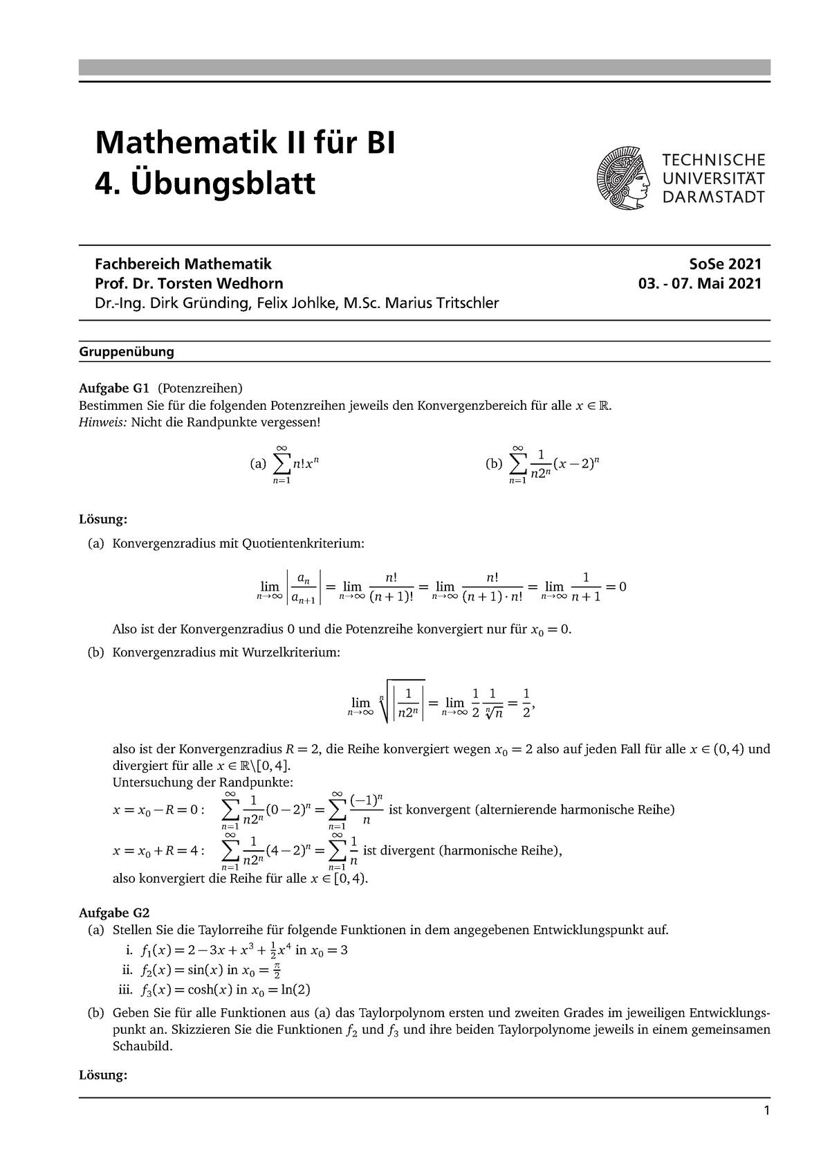 Übung 4 Inklusive Lösungen - Mathematik II Für BI 4. Übungsblatt ...