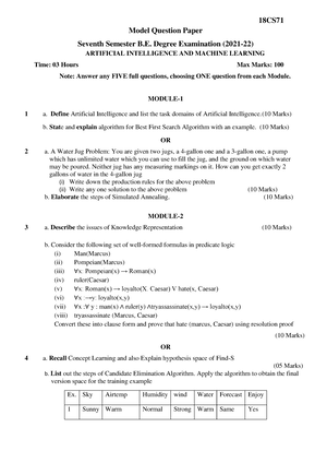 ARTIFICIAL INTELLIGENCE AND MACHINE LEARNING (18CS71)