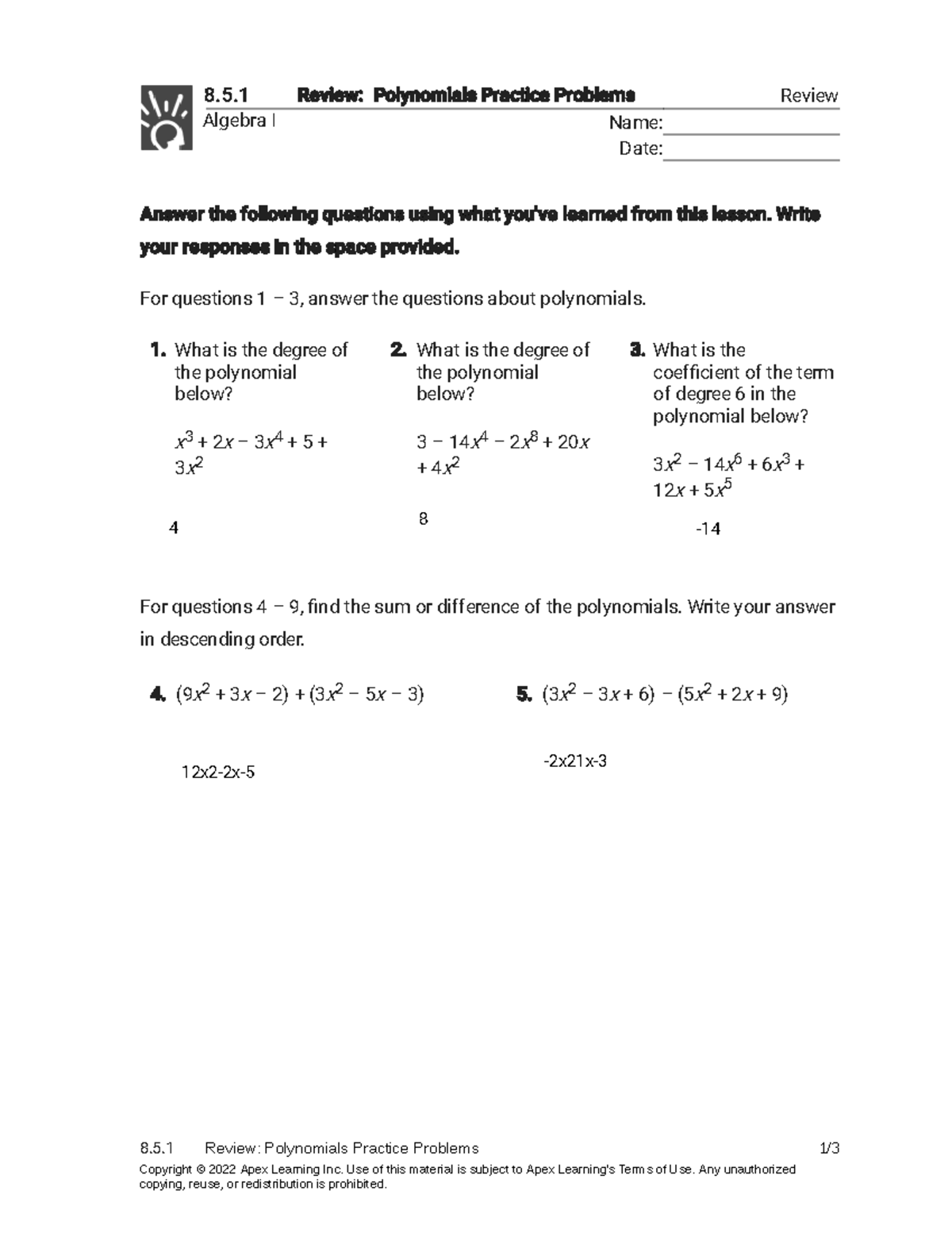 8.5.1 Review - Polynomials Practice Problems (Review) - Review ...