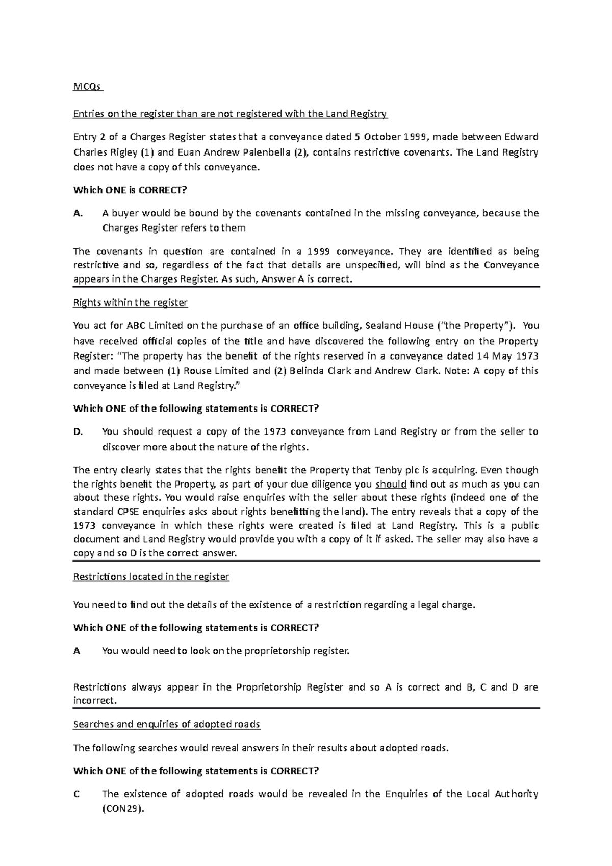 MCQ's for real estate MCQs Entries on the register than are not