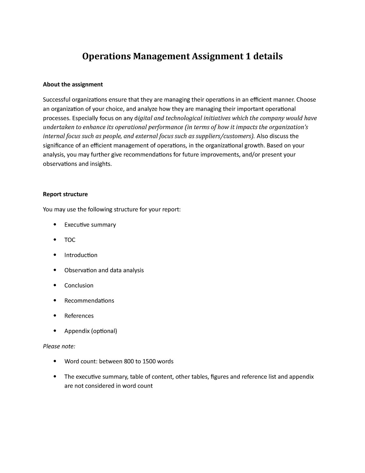 operations management assignment example