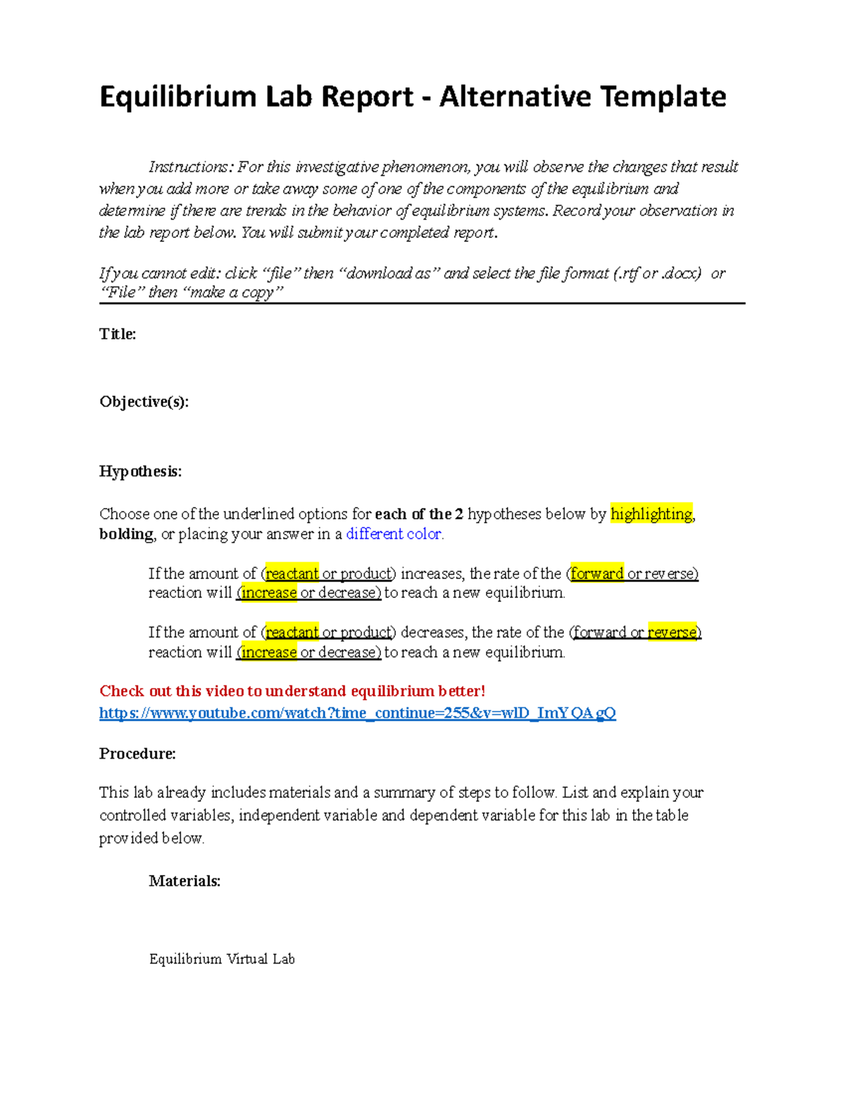 Copy of 7.06 Equilibrium Alternative Template - Equilibrium Lab Report ...