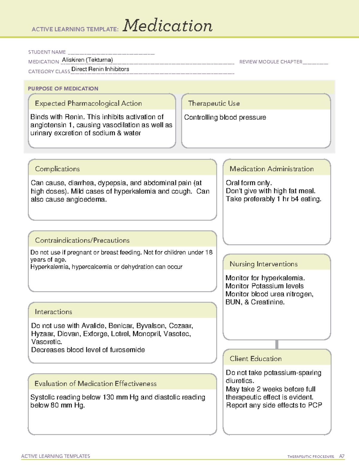 ATI Aliskiren (Tekturna) Renin Inhibitor Med Sheet - ACTIVE LEARNING ...