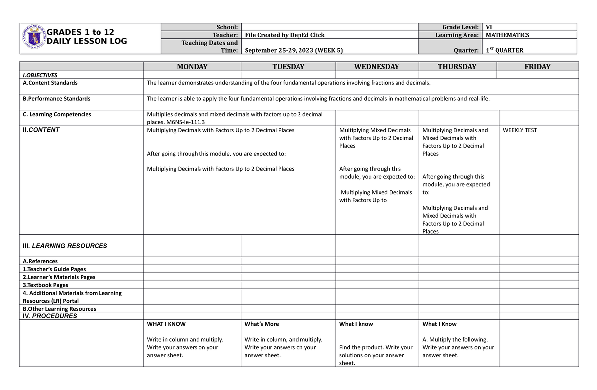 DLL Mathematics 6 Q1 W5 - GRADES 1 to 12 DAILY LESSON LOG School: Grade ...