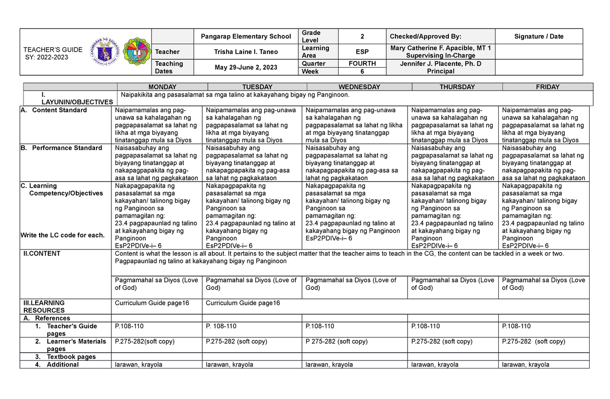 Grade 2 DLL ESP 2 Q4 Week 6 - MONDAY TUESDAY WEDNESDAY THURSDAY FRIDAY ...