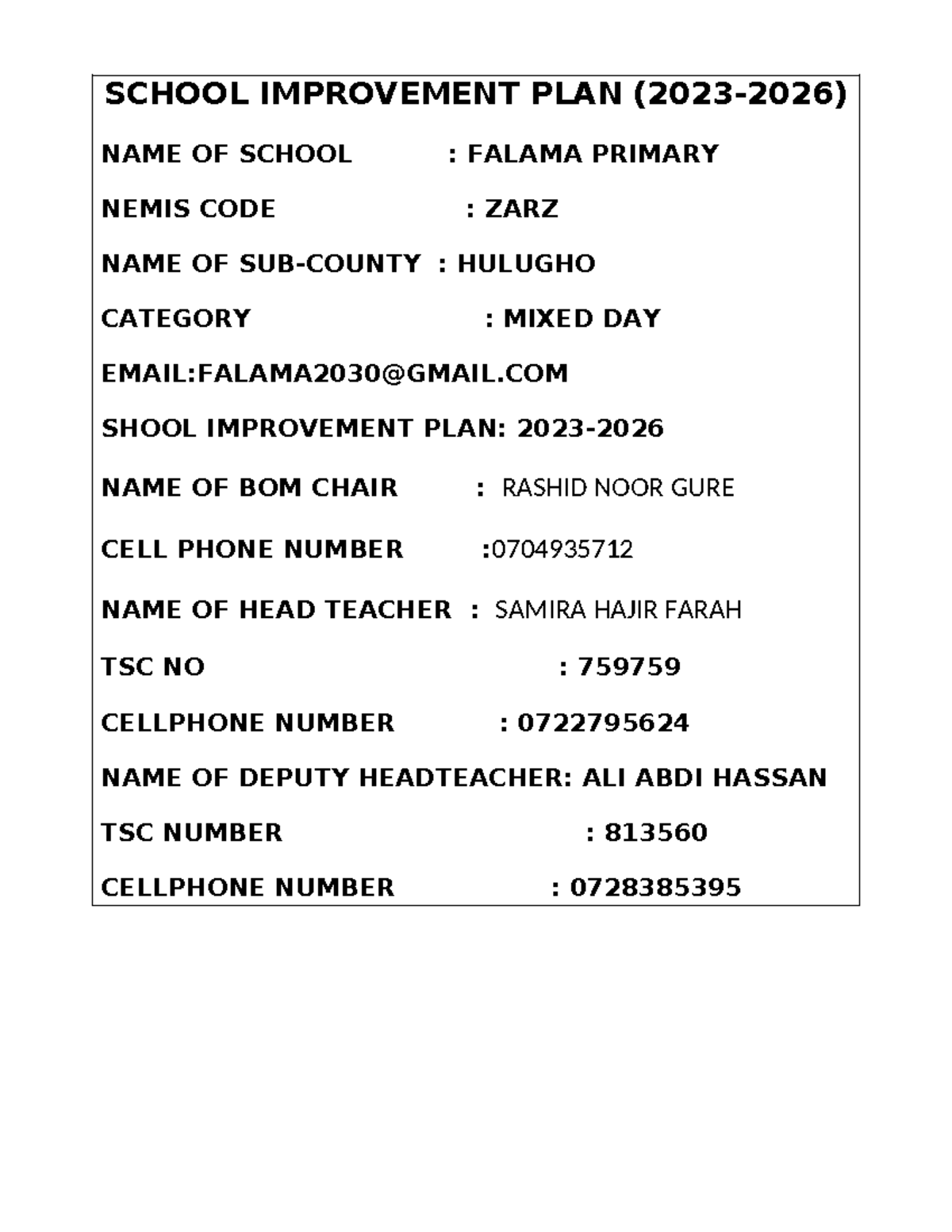 SIP Falama Primary Updated March - SCHOOL IMPROVEMENT PLAN (2023-2026 ...