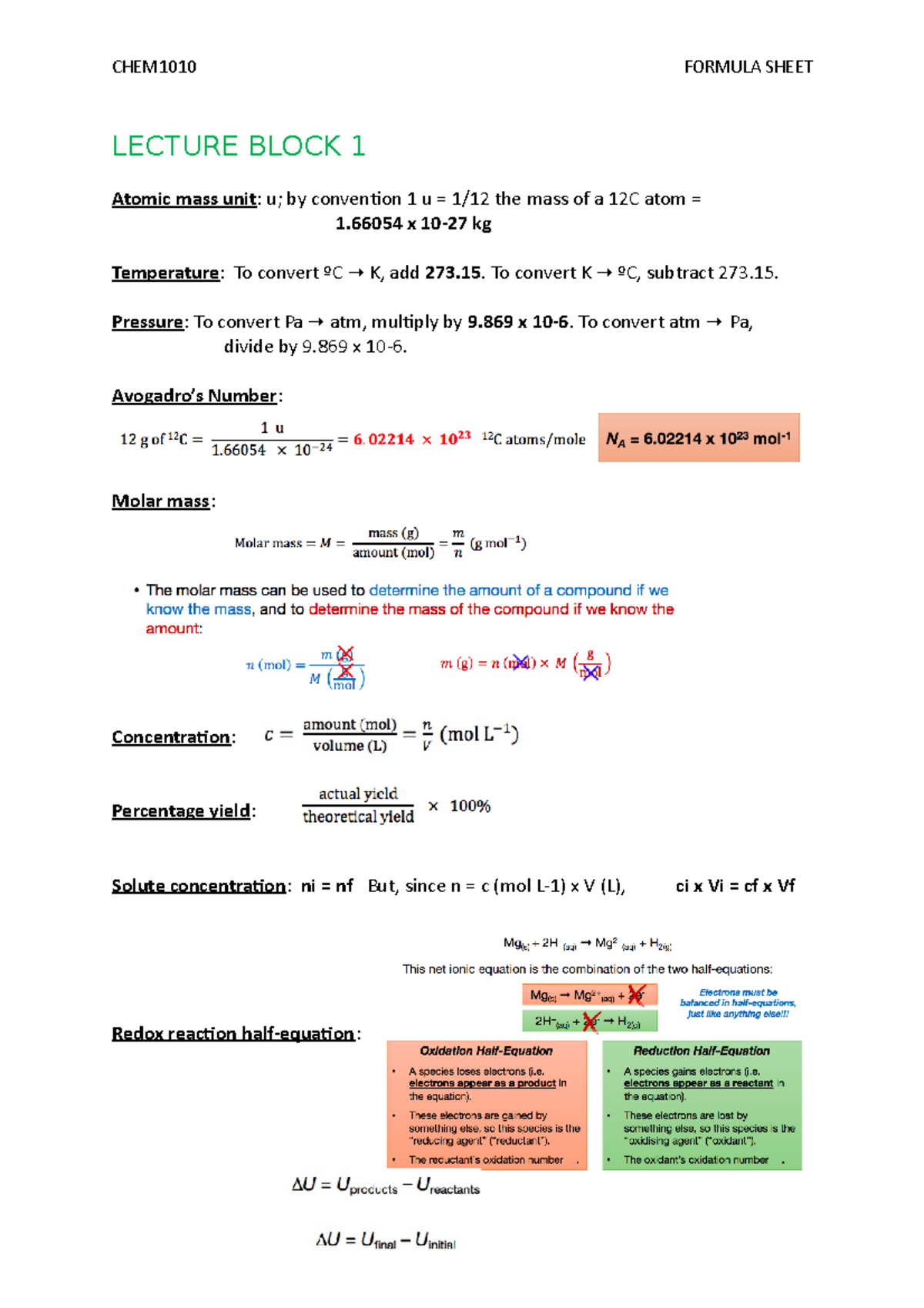 Chem1010 Formula Sheet - CHEM1010 FORMULA SHEET LECTURE BLOCK 1 Atomic ...