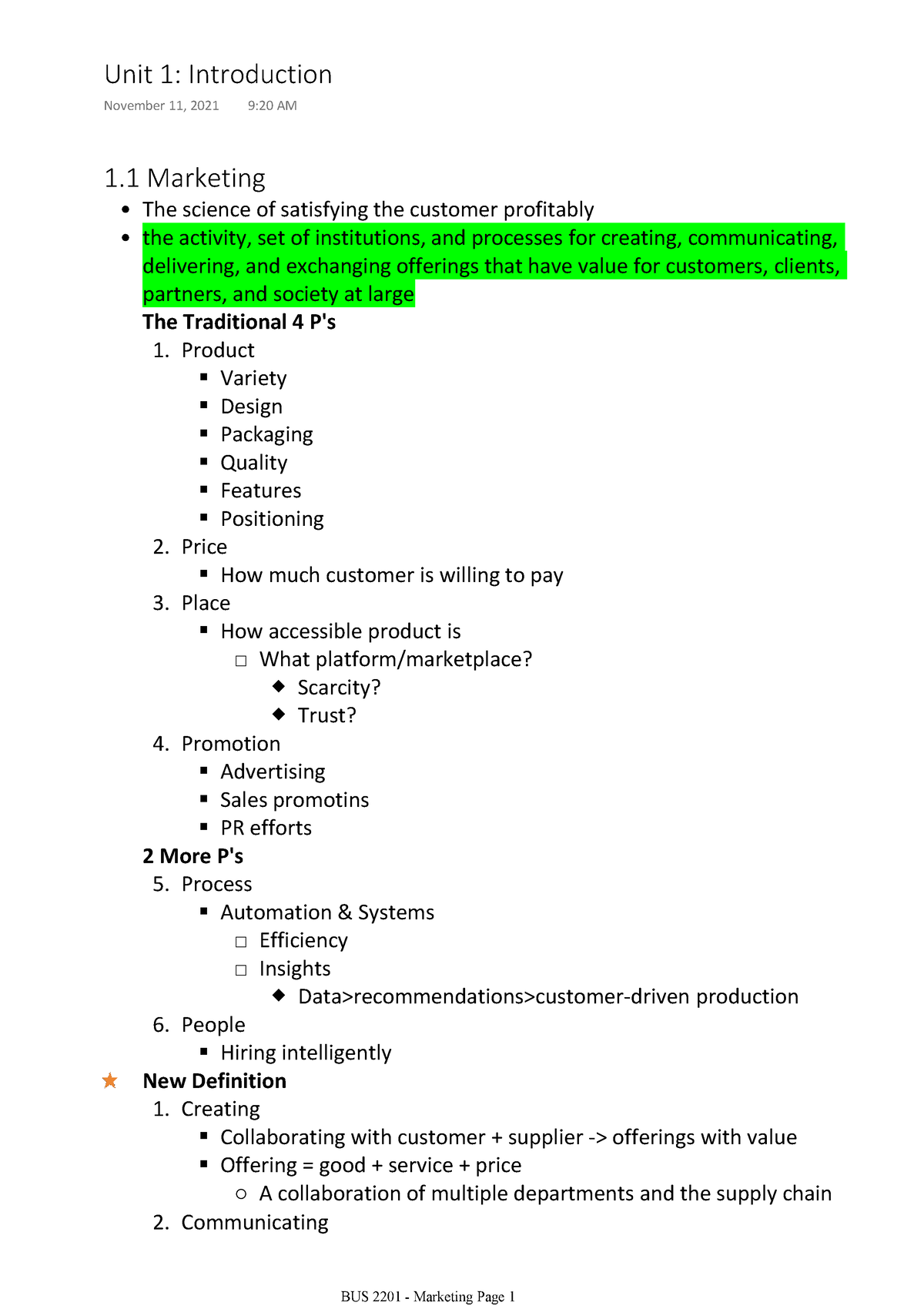 BUS 2201 Notes - Unit 1 Introduction - Notes Of Chapter 1 - 1 Marketing ...