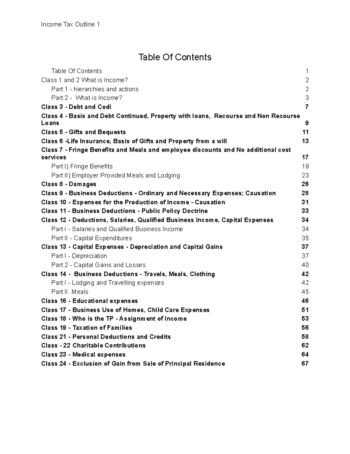 Federal Income Tax Outline Crawford Table Of Contents Table Of Contents Table Of Contents 1402