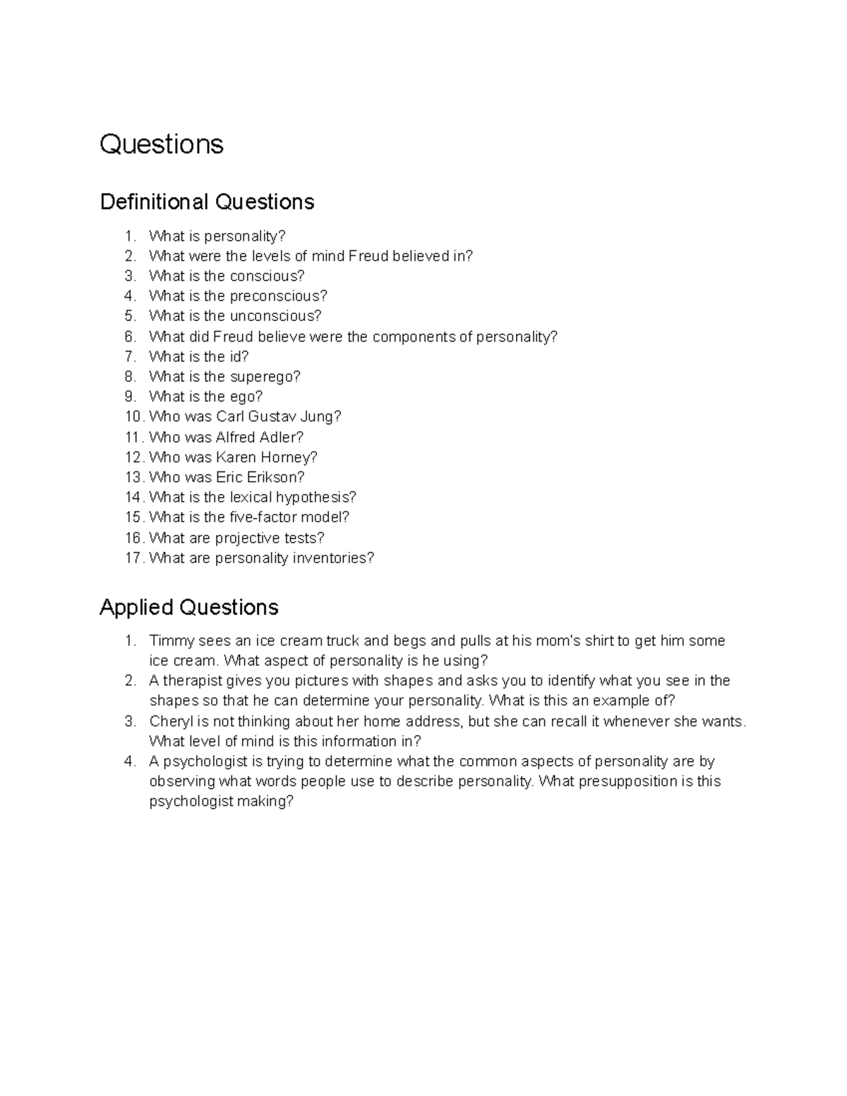 PSY 110 Personality Study Guide - Questions Definitional Questions What ...