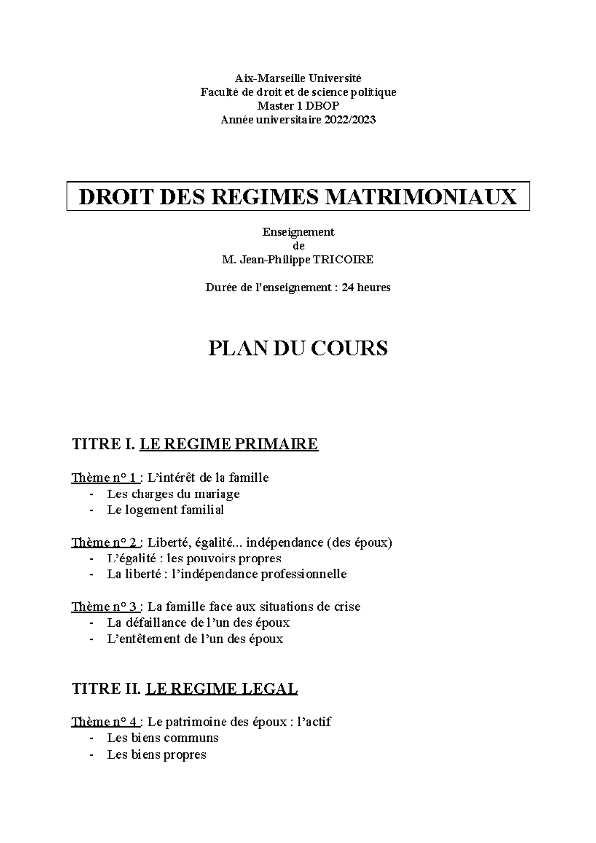 Plan Du Cours De Droit Des Régimes Matrimoniaux M. Tricoire 2022-2023 ...