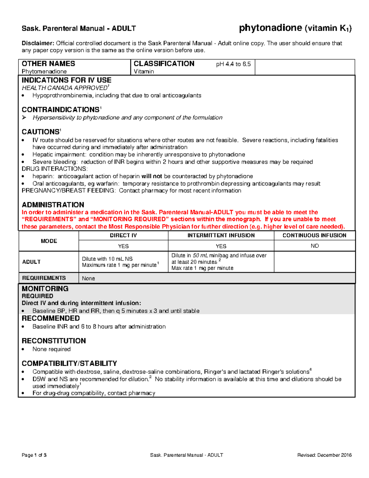 Phytonadione vitamin k Sask. Parenteral Manual ADULT phytonadione