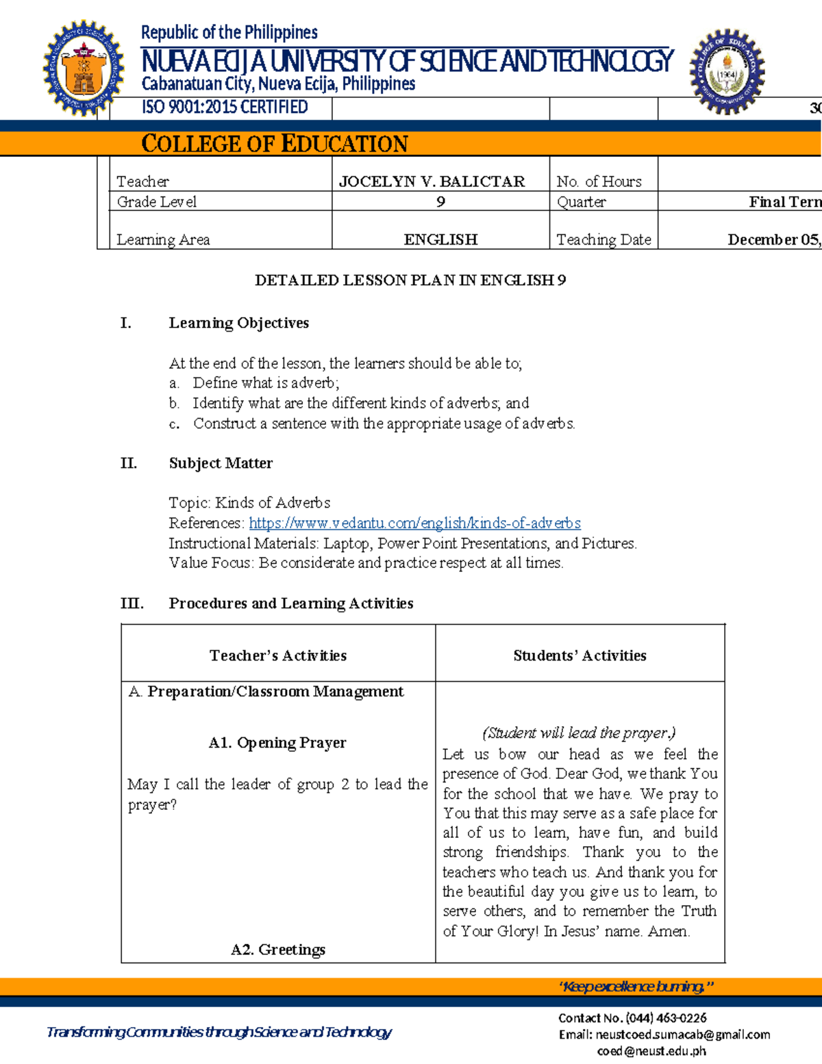 Detailed Lesson Plan in Field Study 2 - Contact No. (044) 463 - 0226 ...