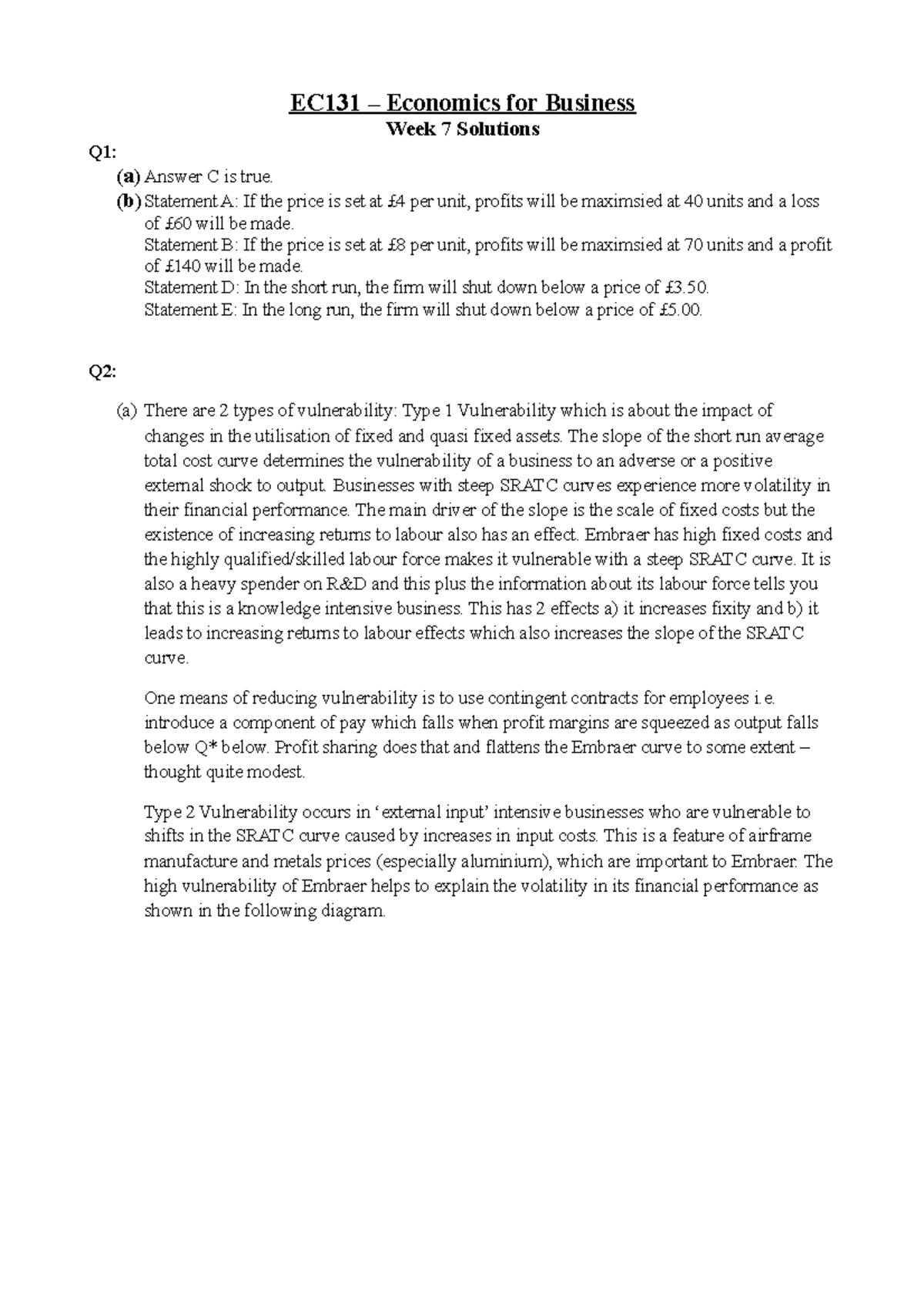 Seminar 7 - Solution for tutorial - EC131 – Economics for Business Week ...