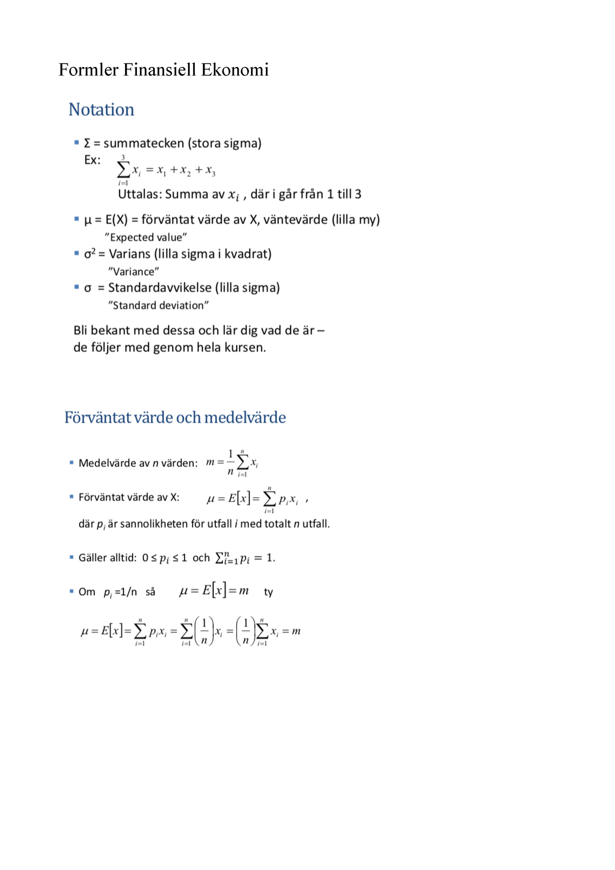 Formelblad Finansiell Ekonomi - Formler Finansiell Ekonomi Variansen ...