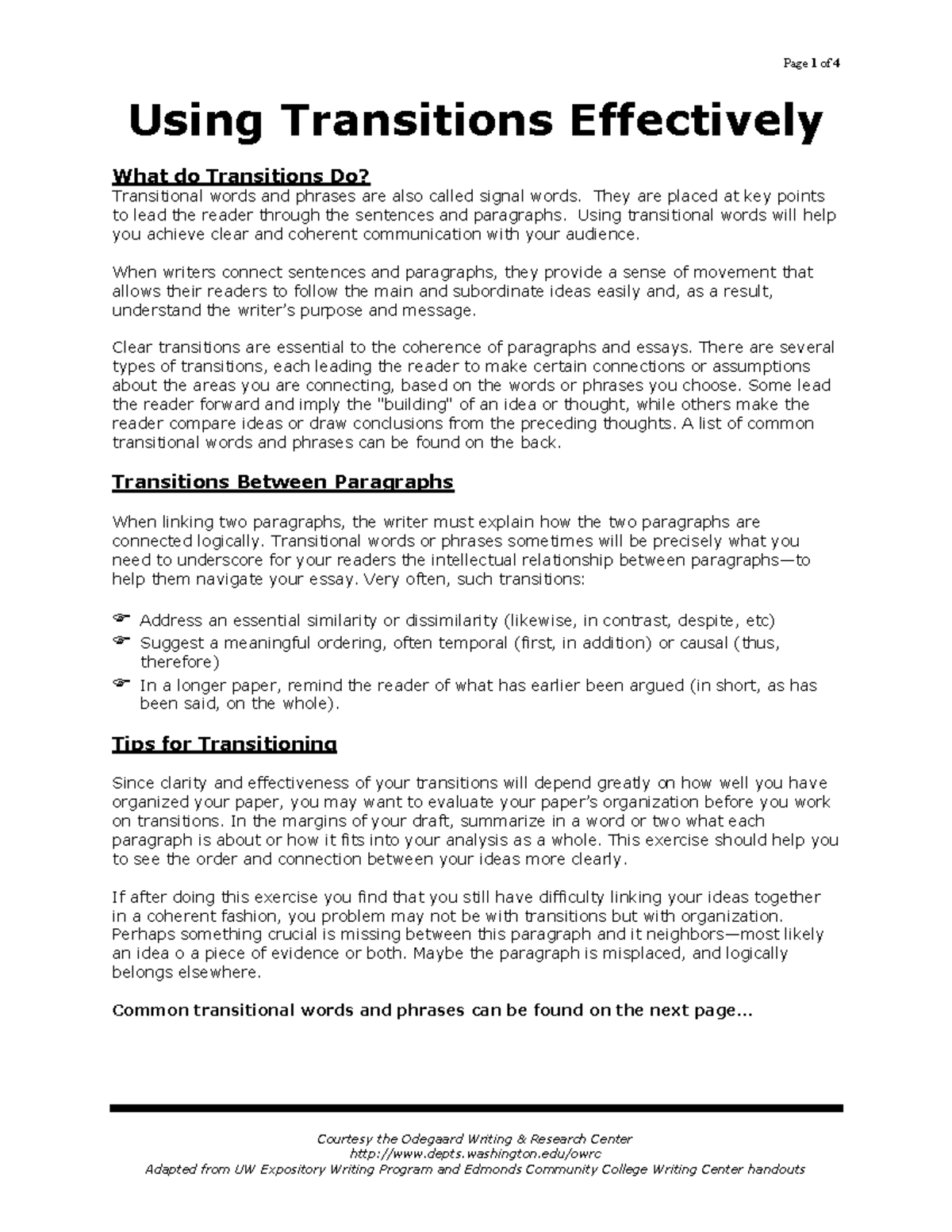 Using Transitions Effectively - Courtesy the Odegaard Writing ...