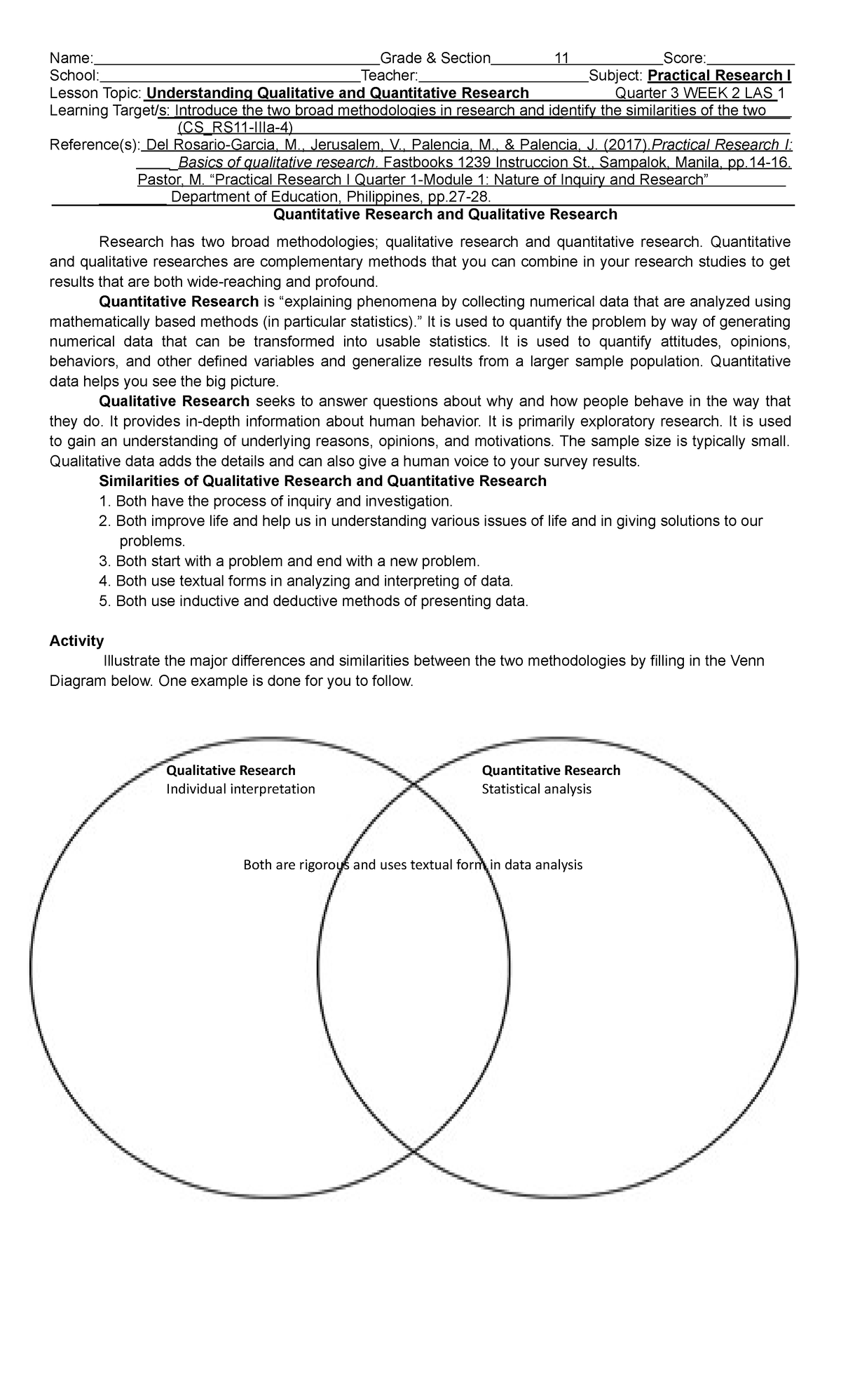 PRAC 1 WEEK 2 LAS 1 - Practical Research 1 Qualitative Research ...