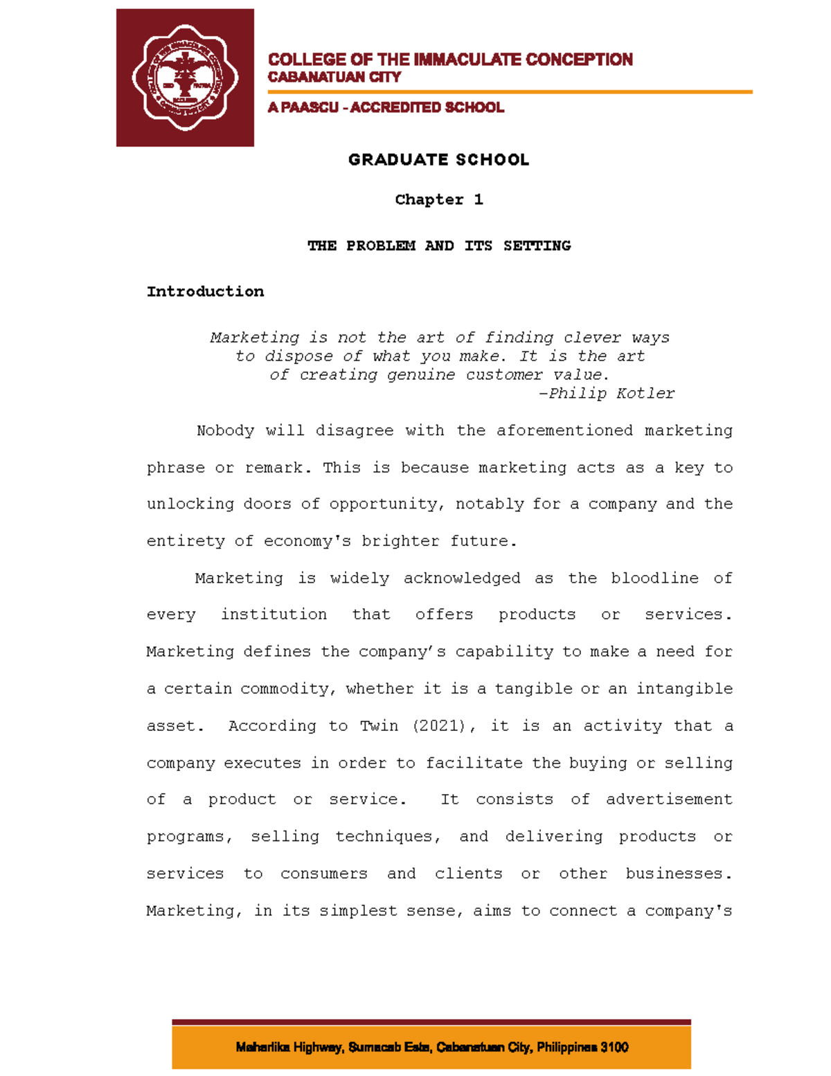 Chapters 1 5 Sample - GRADUATE SCHOOL Chapter 1 THE PROBLEM AND ITS ...