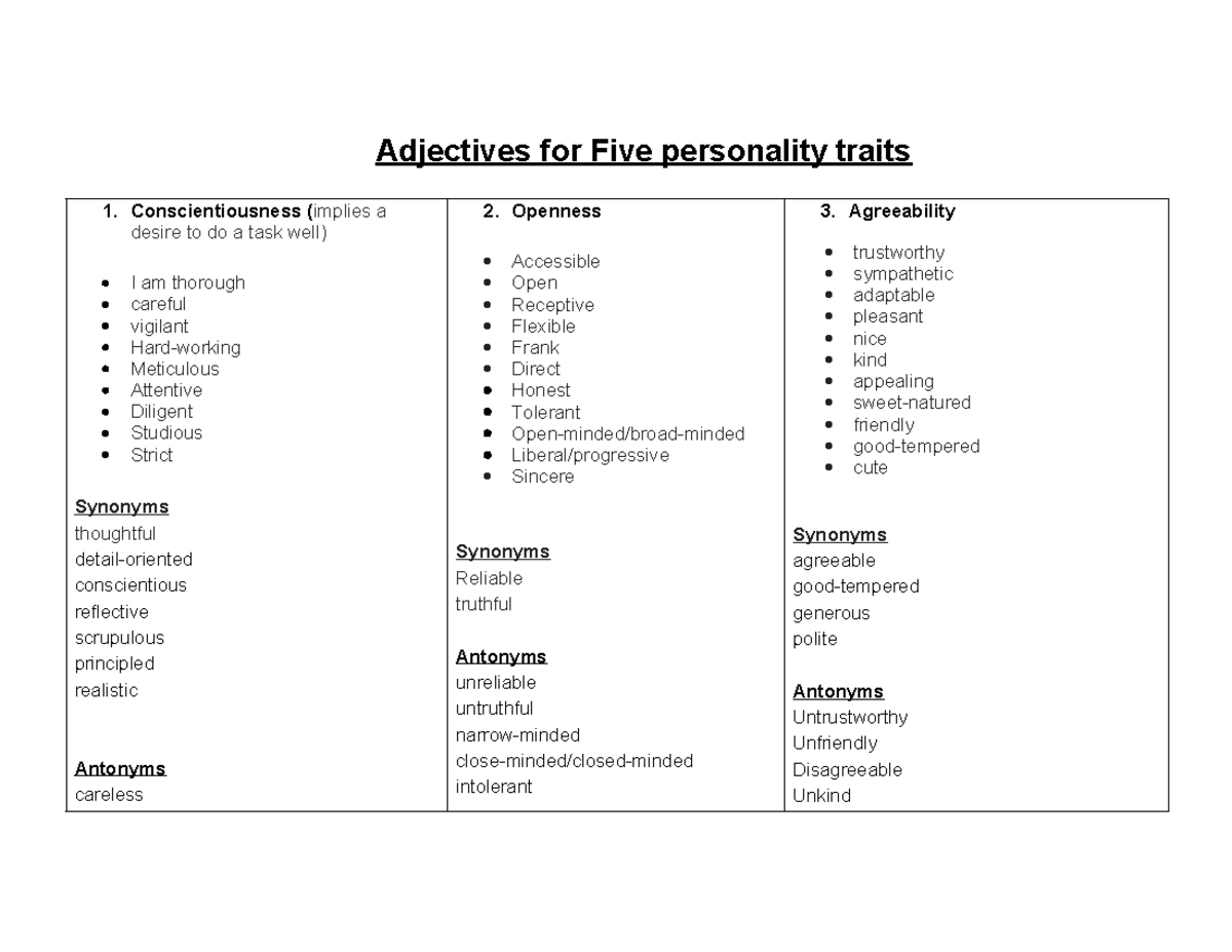 Adjectives Chart Adjectives for Five personality traits 1