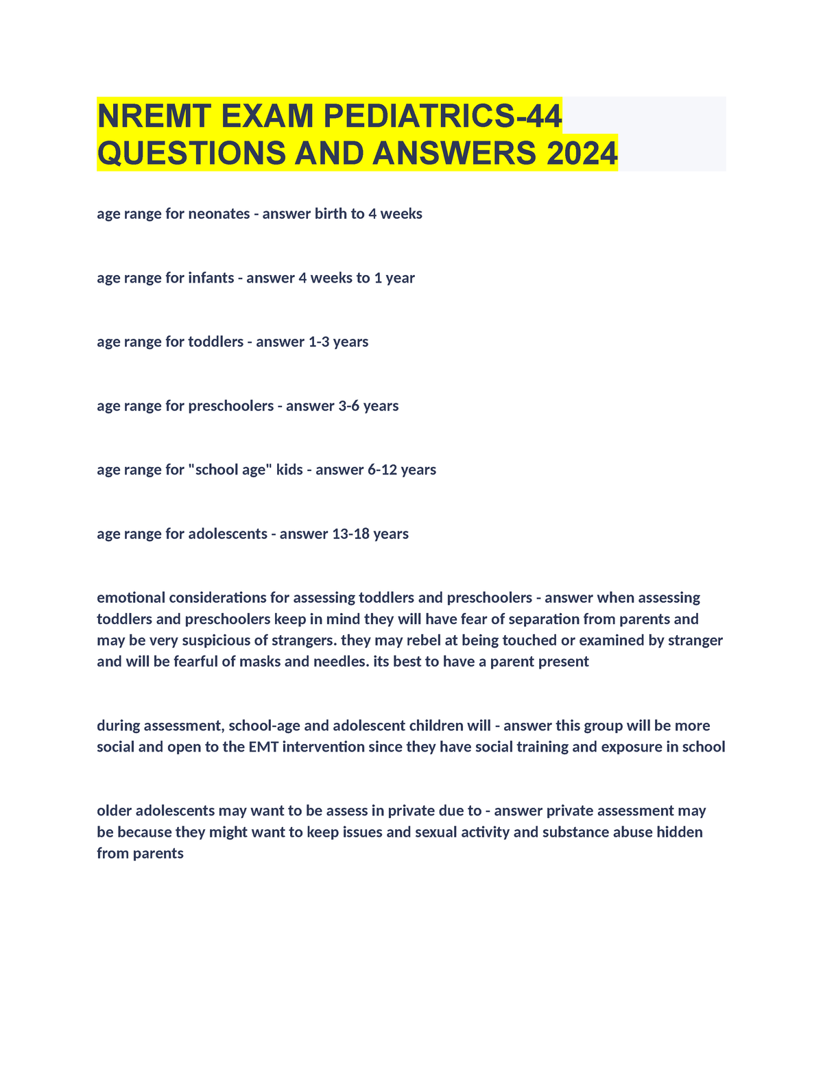 NREMT EXAM Pediatrics44 Questions AND Answers 2024 NREMT EXAM