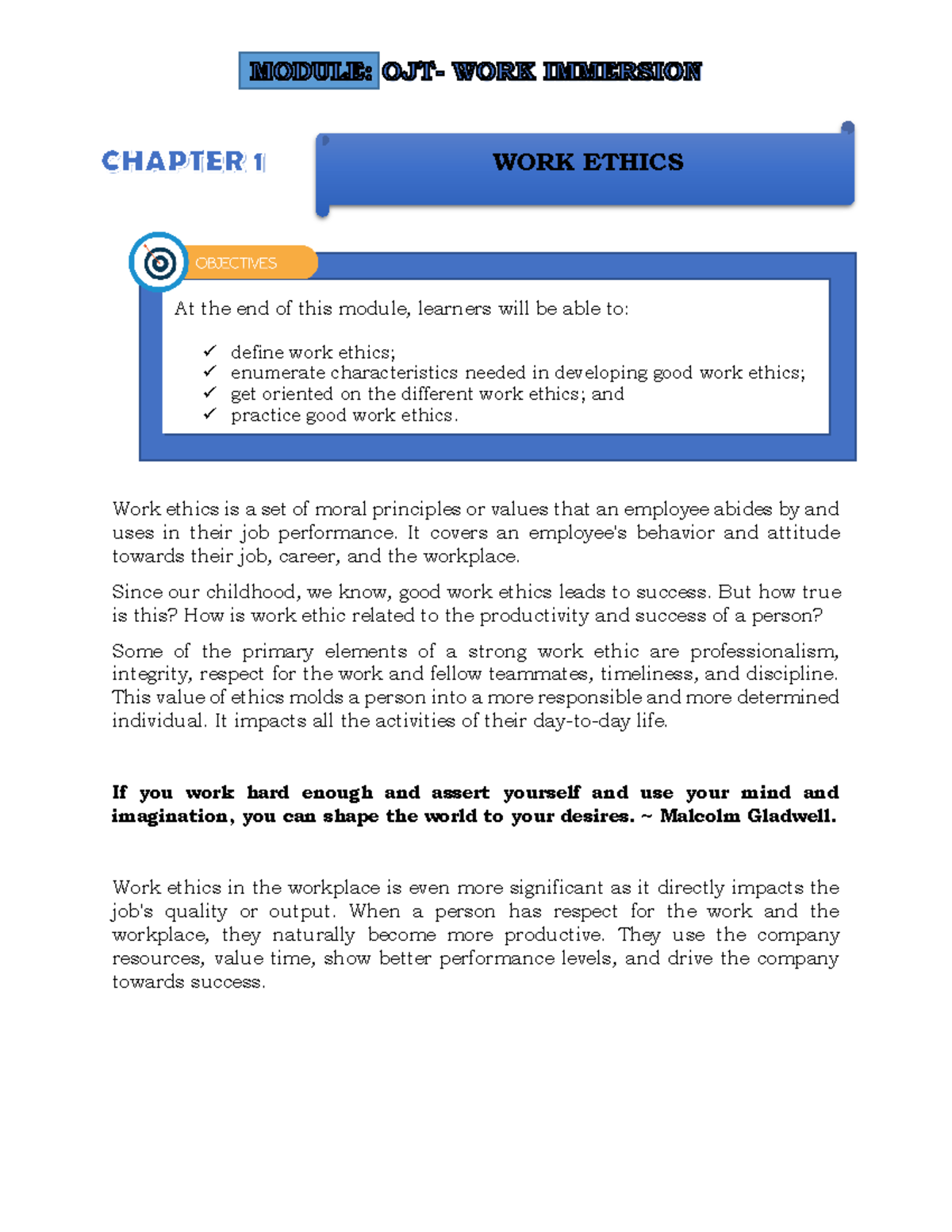 Chapter 1 WORK Immersion Work Ethics Is A Set Of Moral Principles 