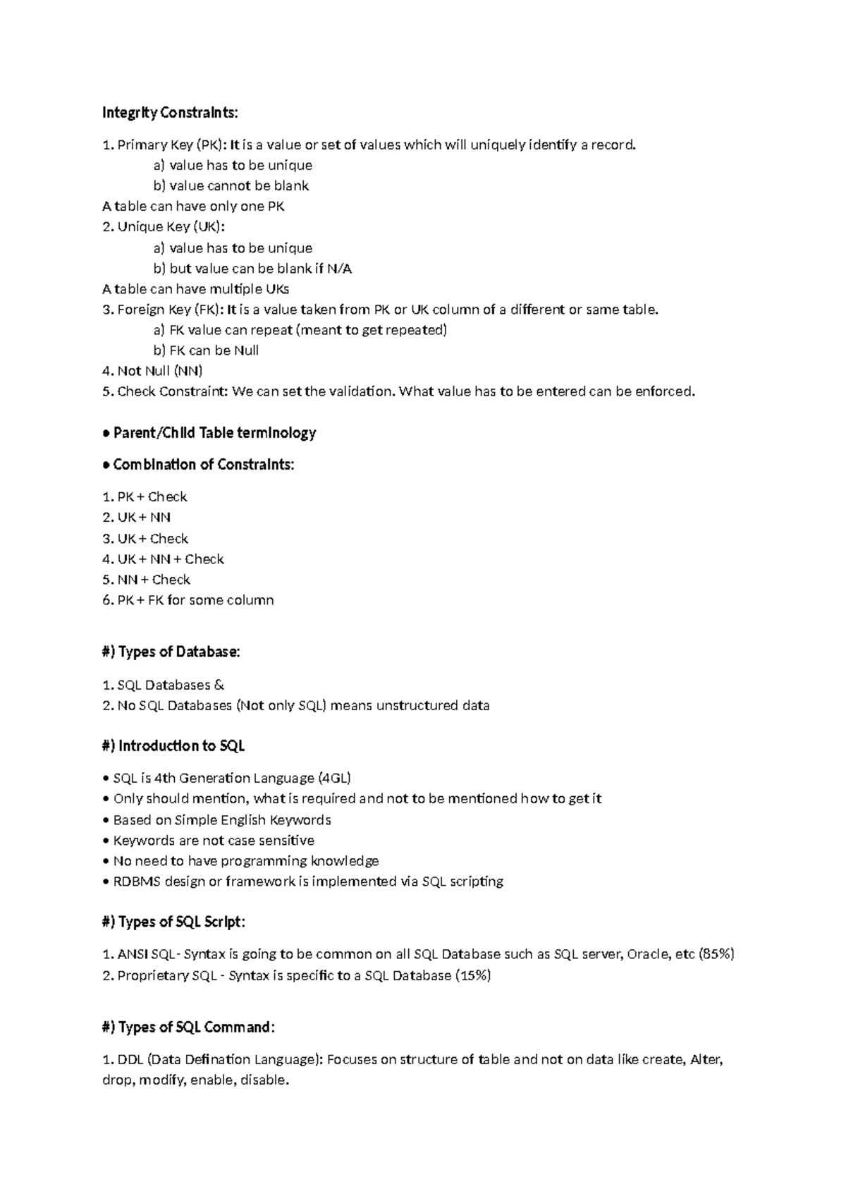 IBI SQL Class Notes - Integrity Constraints: Primary Key (PK): It is a ...
