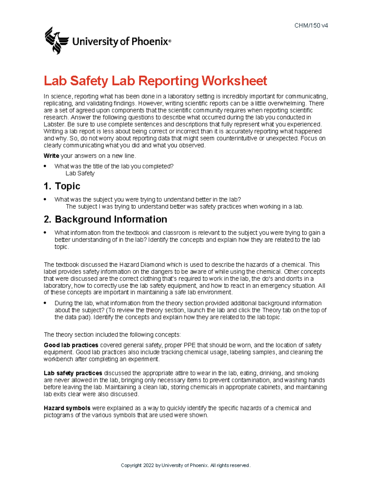 Chm 150 wk1 Safety Lab Report - CHM/150 v Lab Safety Lab Reporting ...