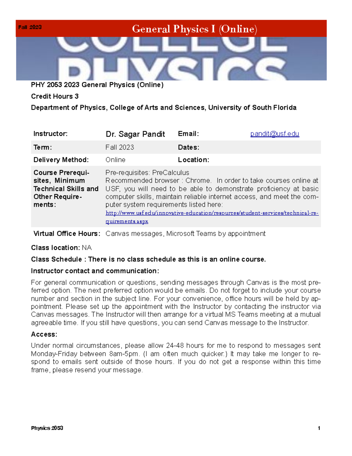 Syllabus PHY2053 F23 Fall 2023 General Physics I PHY 2053