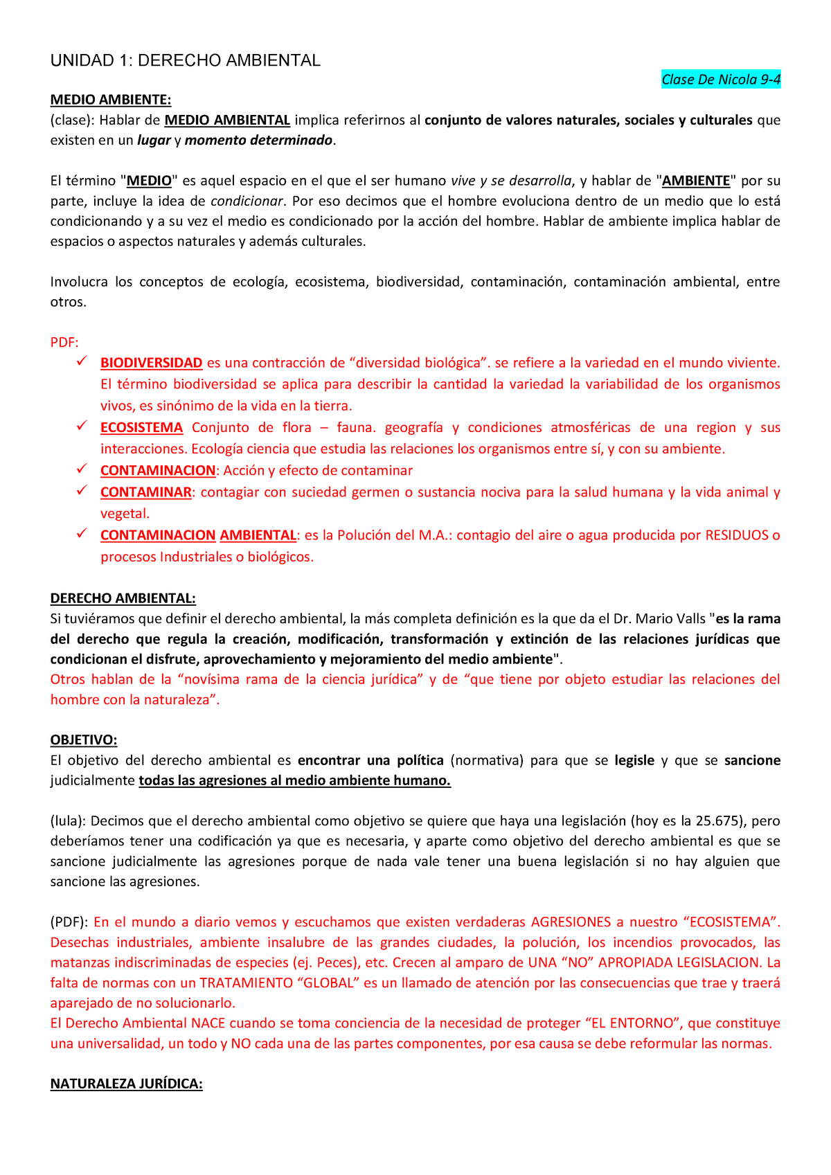 Resumen Primer Parcial - UNIDAD 1: DERECHO AMBIENTAL Clase De Nicola 9 ...