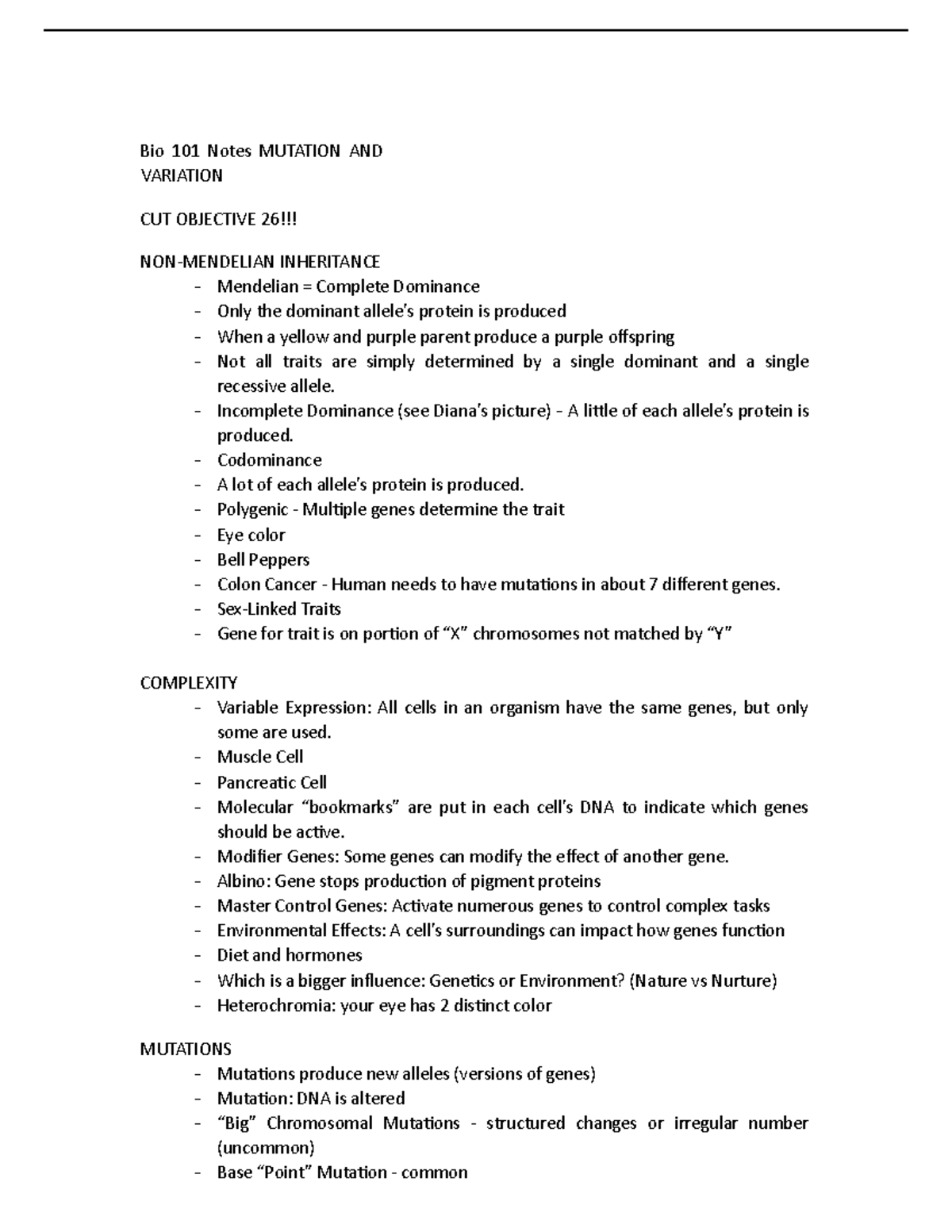 Bio 101 Class Notes - Bio 101 Notes MUTATION AND VARIATION CUT ...