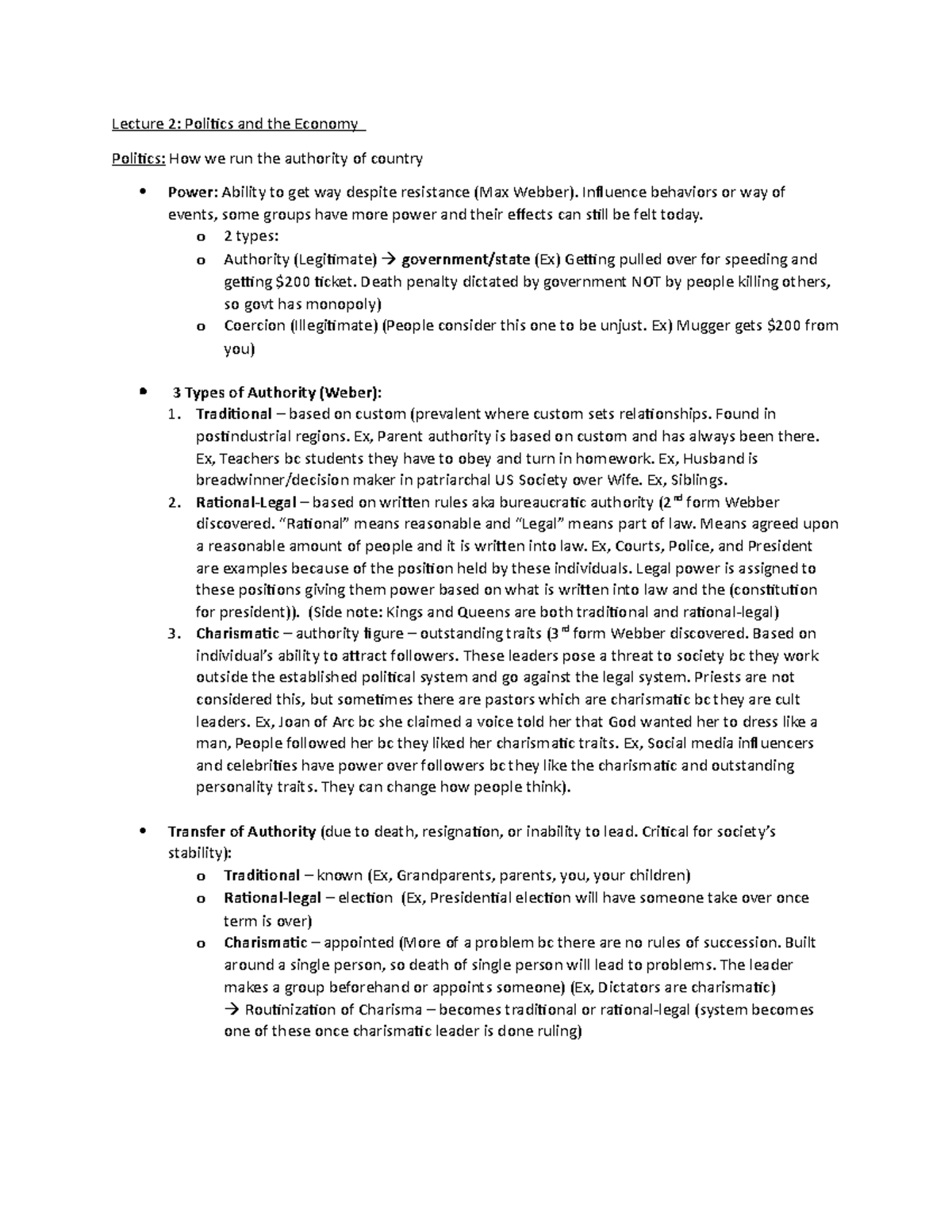 Lecture 2 - notes - Lecture 2: Politics and the Economy Politics: How ...