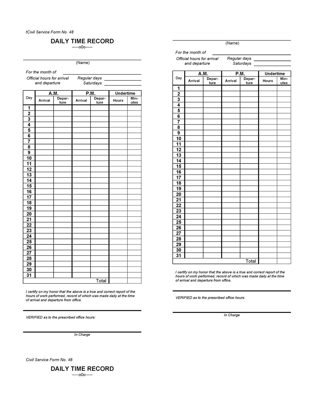 Daily-Time-Record - FS1 - tCivil Service Form No. 48 DAILY TIME RECORD ...