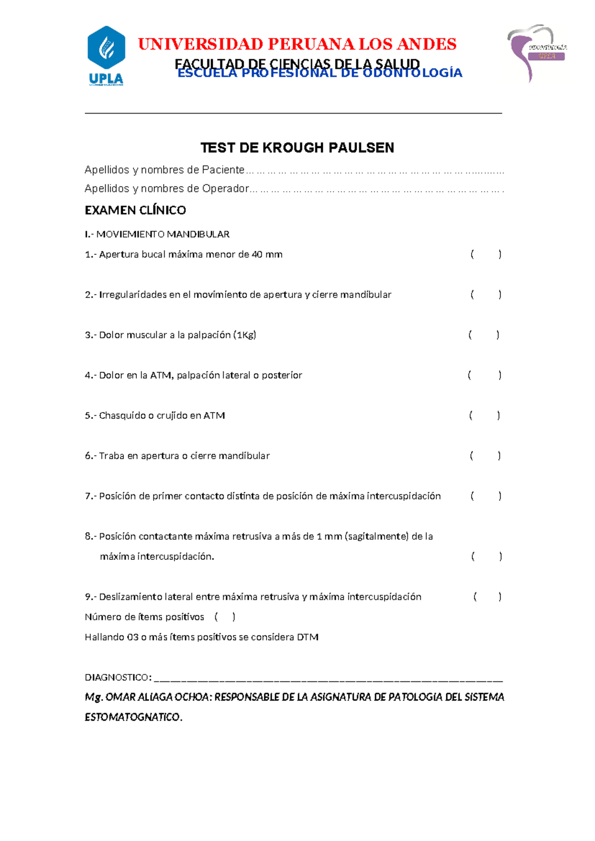 TEST DE Krough Paulsen - ESCUELA PROFESIONAL DE ODONTOLOGÍA UNIVERSIDAD ...