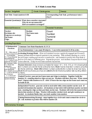 Unit 1 Lesson Plan Lecture Note Compare Sets - ####### Kindergarten ...