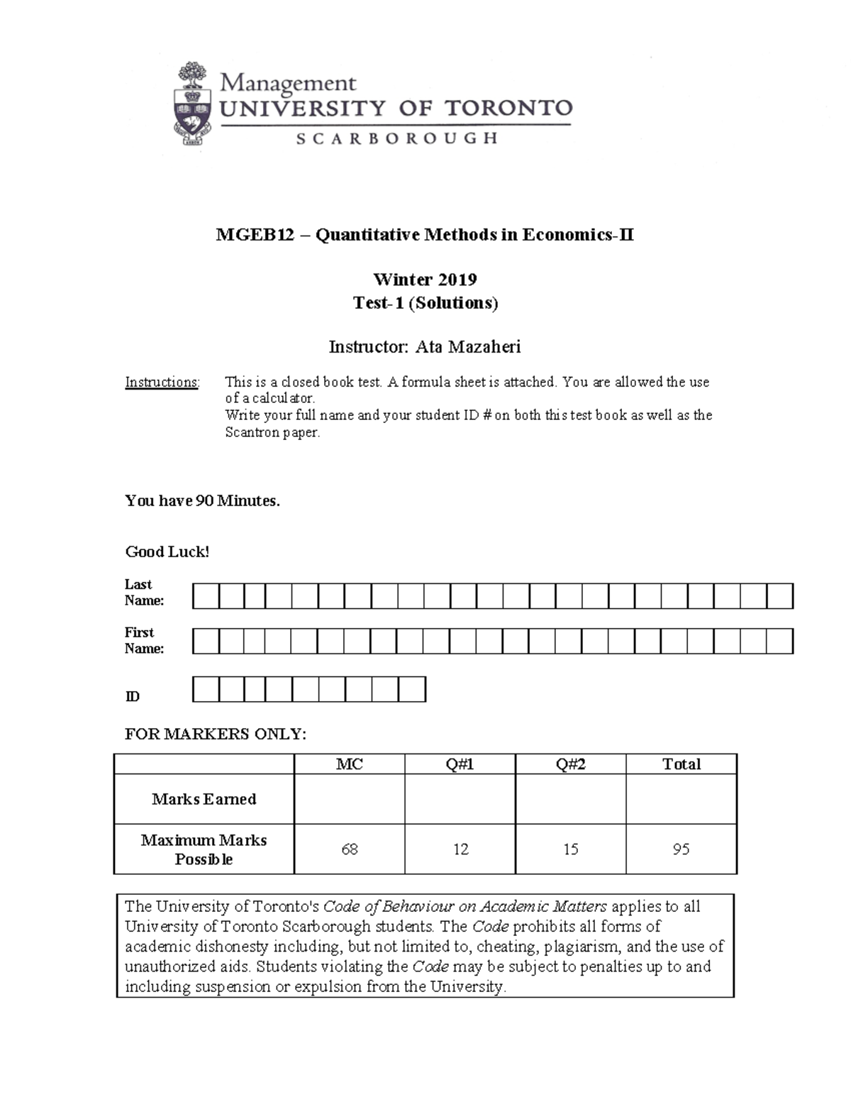 Test 1 Winter 2019, questions and answers - MGEB12 Quantitative Methods ...