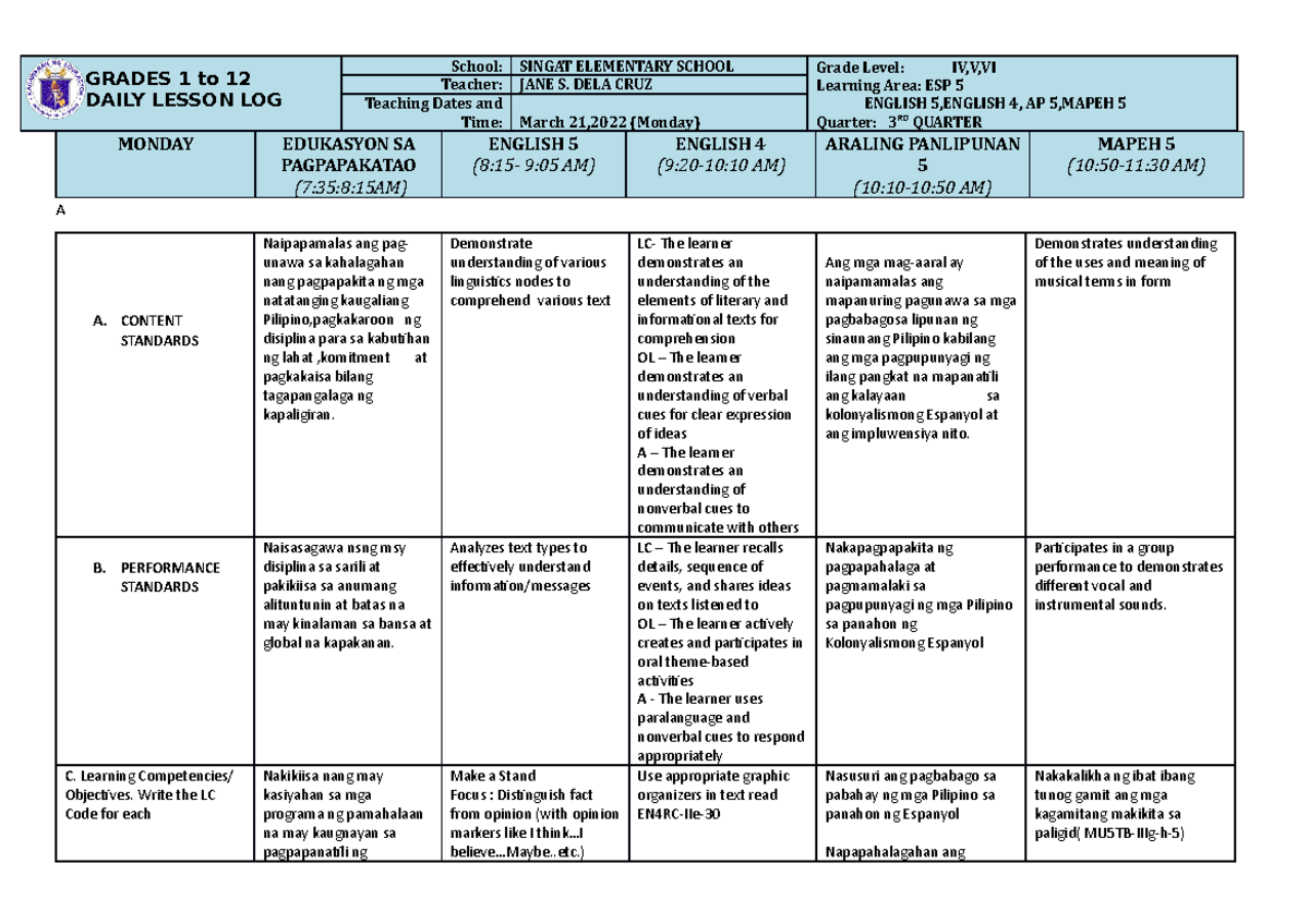 Q3W5D1 Classa - SAMPLE DLL - GRADES 1 to 12 DAILY LESSON LOG School ...