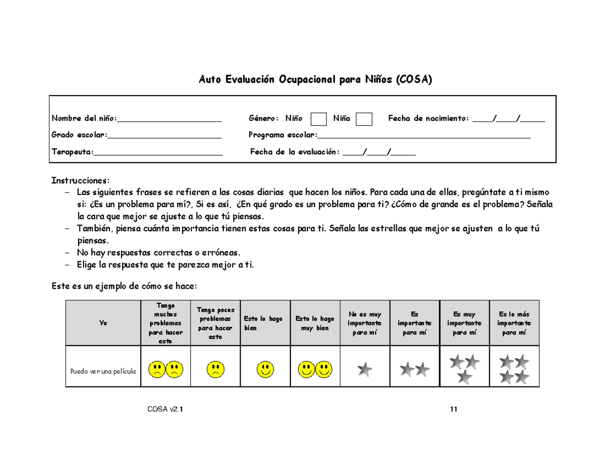 Spanish COSA - para aplicar - Auto EvaluaciÛn Ocupacional para NiÒos ...