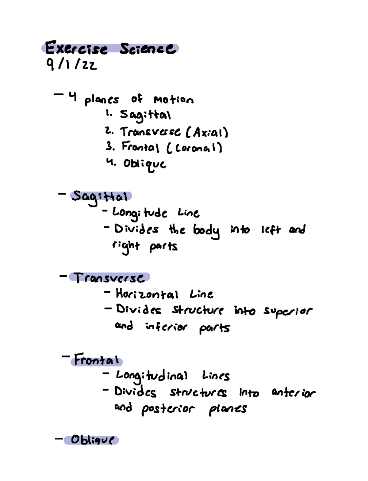 Exercise Science Notes - Exercise Science 9 1 4 planes of motion 1 ...