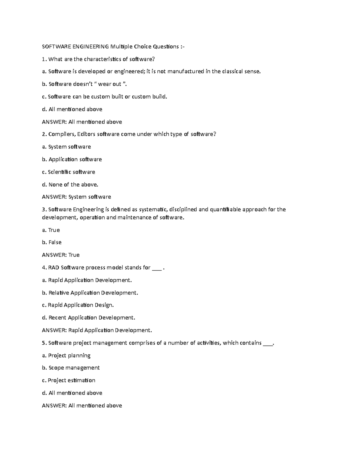 Software Engineering MCQS SOFTWARE ENGINEERING Multiple Choice Questions What are the Studocu