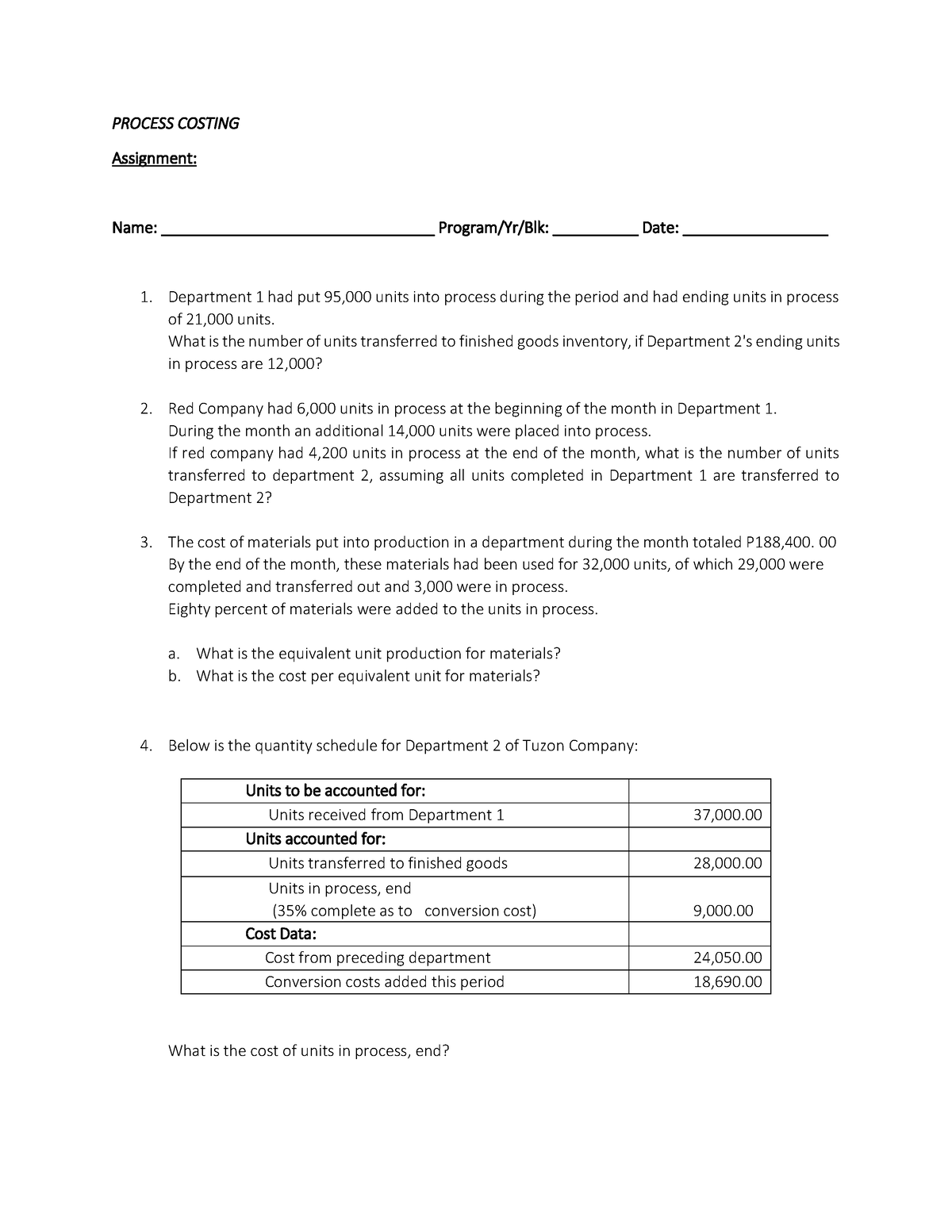 process costing assignment