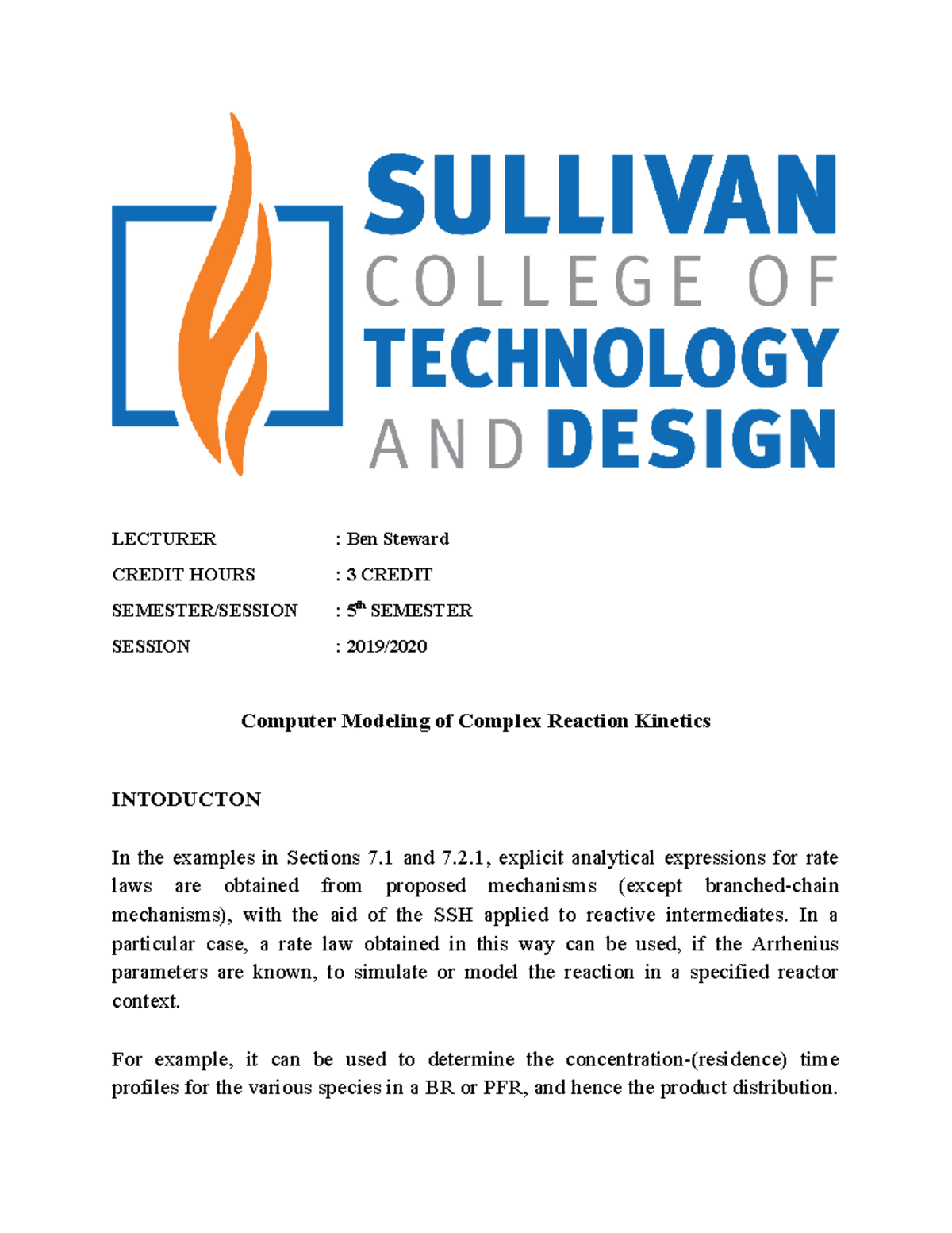 Report Task Computer Modeling of Complex Reaction Kinetics - LECTURER ...