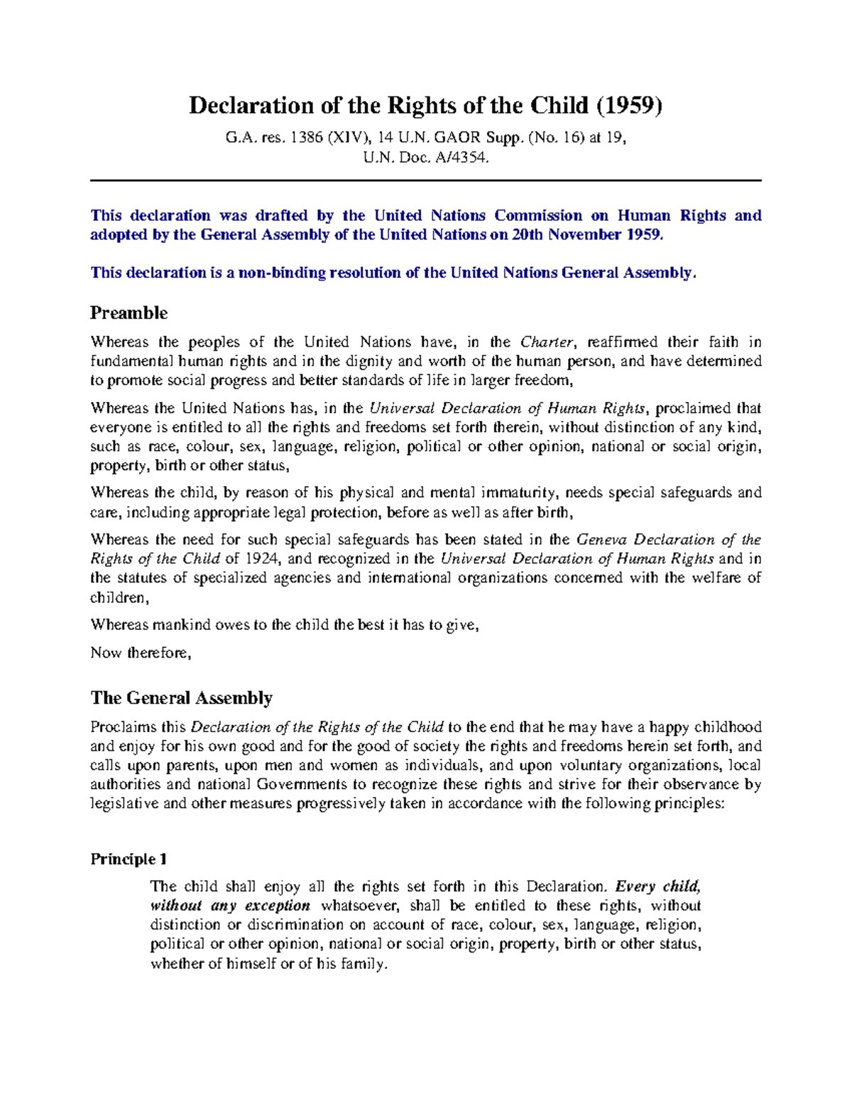 Declaration of the Rights of the Child-1959 - res. 1386 (XIV), 14 U ...