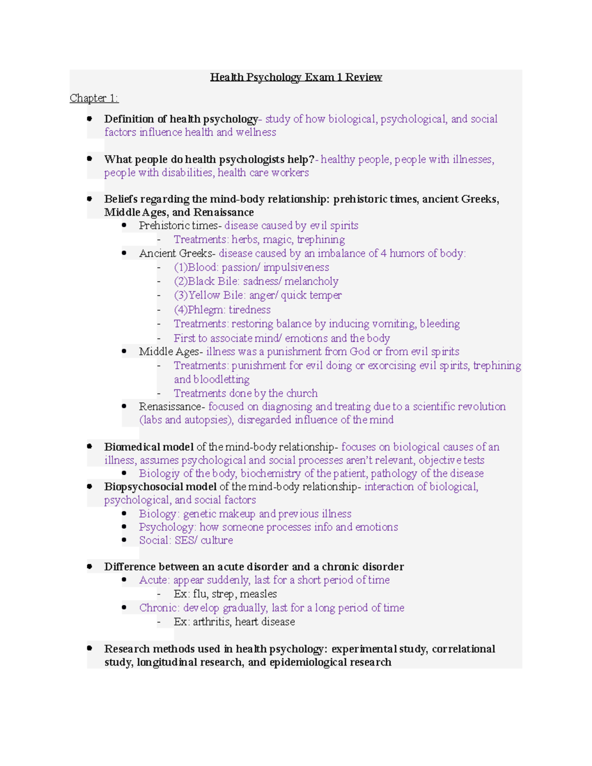 Exam 1 Review - Health Psychology Exam 1 Review Chapter 1: Definition ...