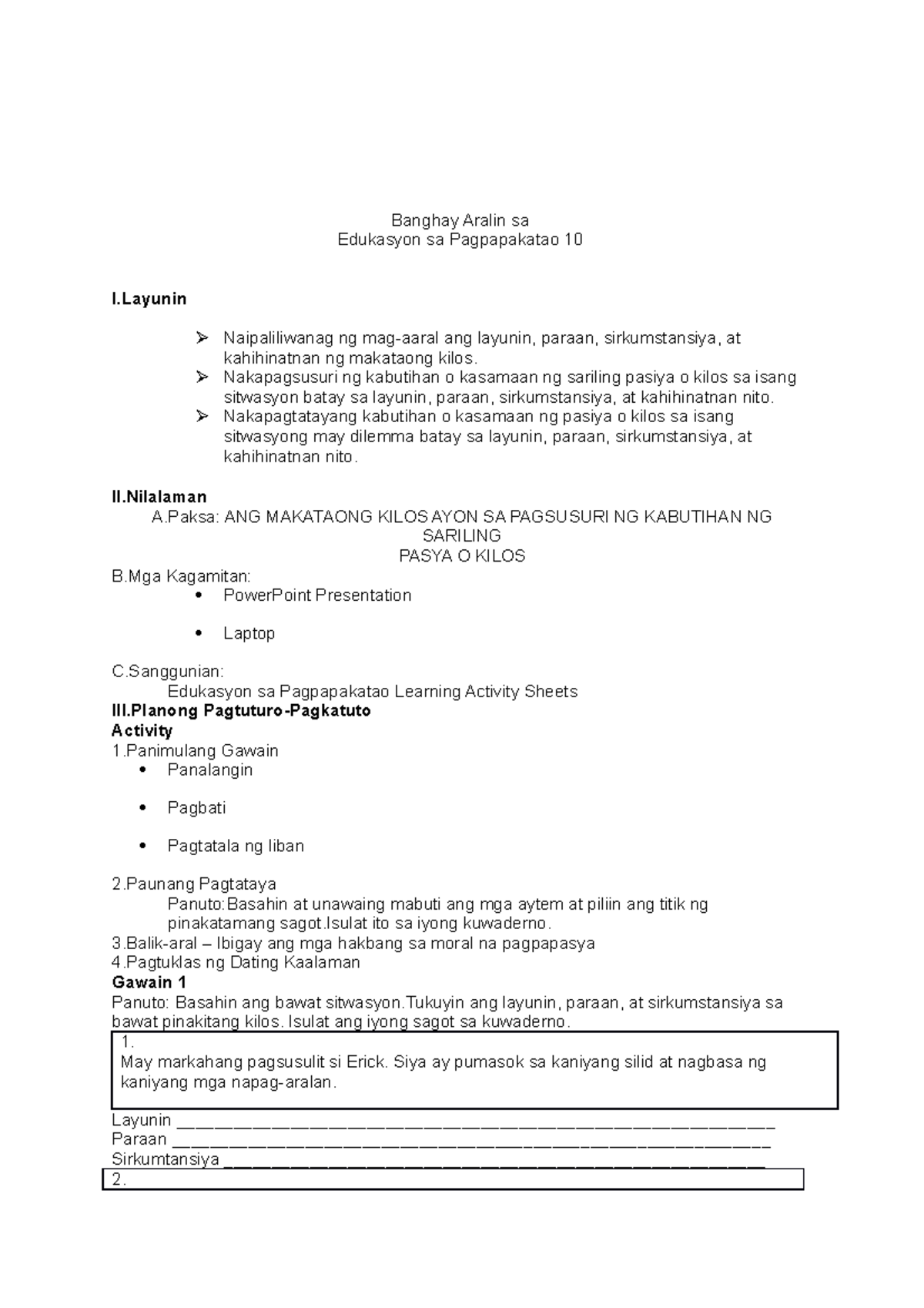 Lesson Plan For Cot Banghay Aralin Sa Edukasyon Sa Pagpapakatao 10 I Naipaliliwanag Ng Mag 8197